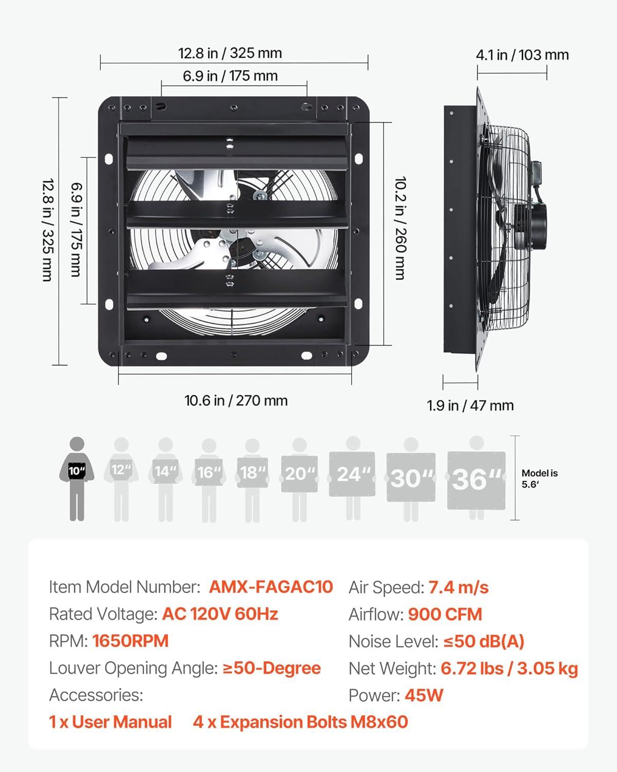 image:imageVEVOR 10 Exhaust Fan Wall Mounted Attic Fan with Variable Speed controller 900 CFM Automatic Shutter Ventilation and Cooling Black10 Inch Fan w Speed Controller