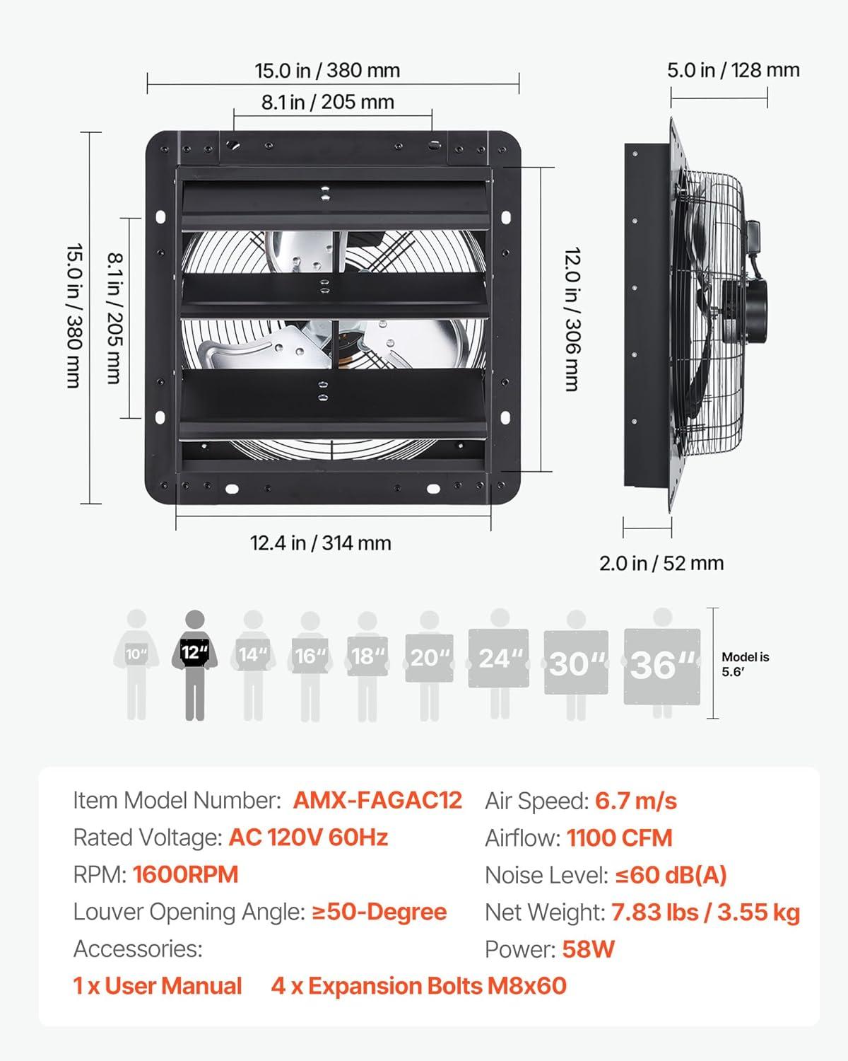 image:imageVEVOR 10 Exhaust Fan Wall Mounted Attic Fan with Variable Speed controller 900 CFM Automatic Shutter Ventilation and Cooling Black12 Inch Fan w Speed Controller