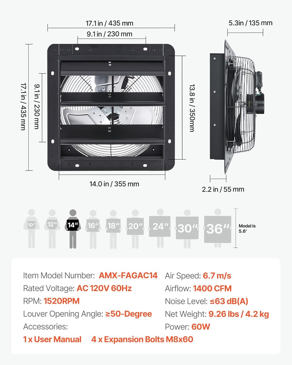 image:imageVEVOR 10 Exhaust Fan Wall Mounted Attic Fan with Variable Speed controller 900 CFM Automatic Shutter Ventilation and Cooling Black14 Inch Fan w Speed Controller