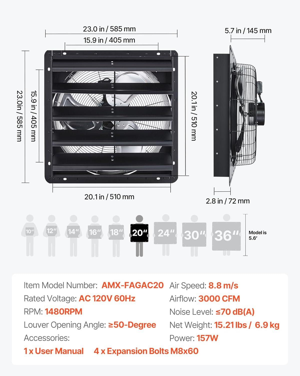 image:imageVEVOR 10 Exhaust Fan Wall Mounted Attic Fan with Variable Speed controller 900 CFM Automatic Shutter Ventilation and Cooling Black20 Inch Fan w Speed Controller