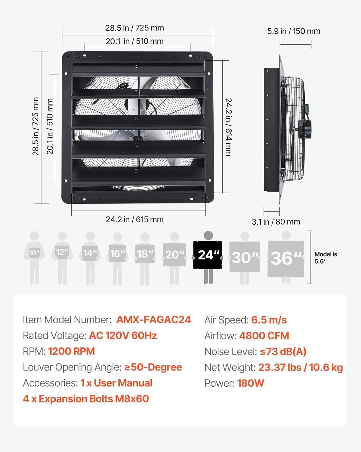 image:imageVEVOR 10 Exhaust Fan Wall Mounted Attic Fan with Variable Speed controller 900 CFM Automatic Shutter Ventilation and Cooling Black24 Inch Fan w Speed Controller