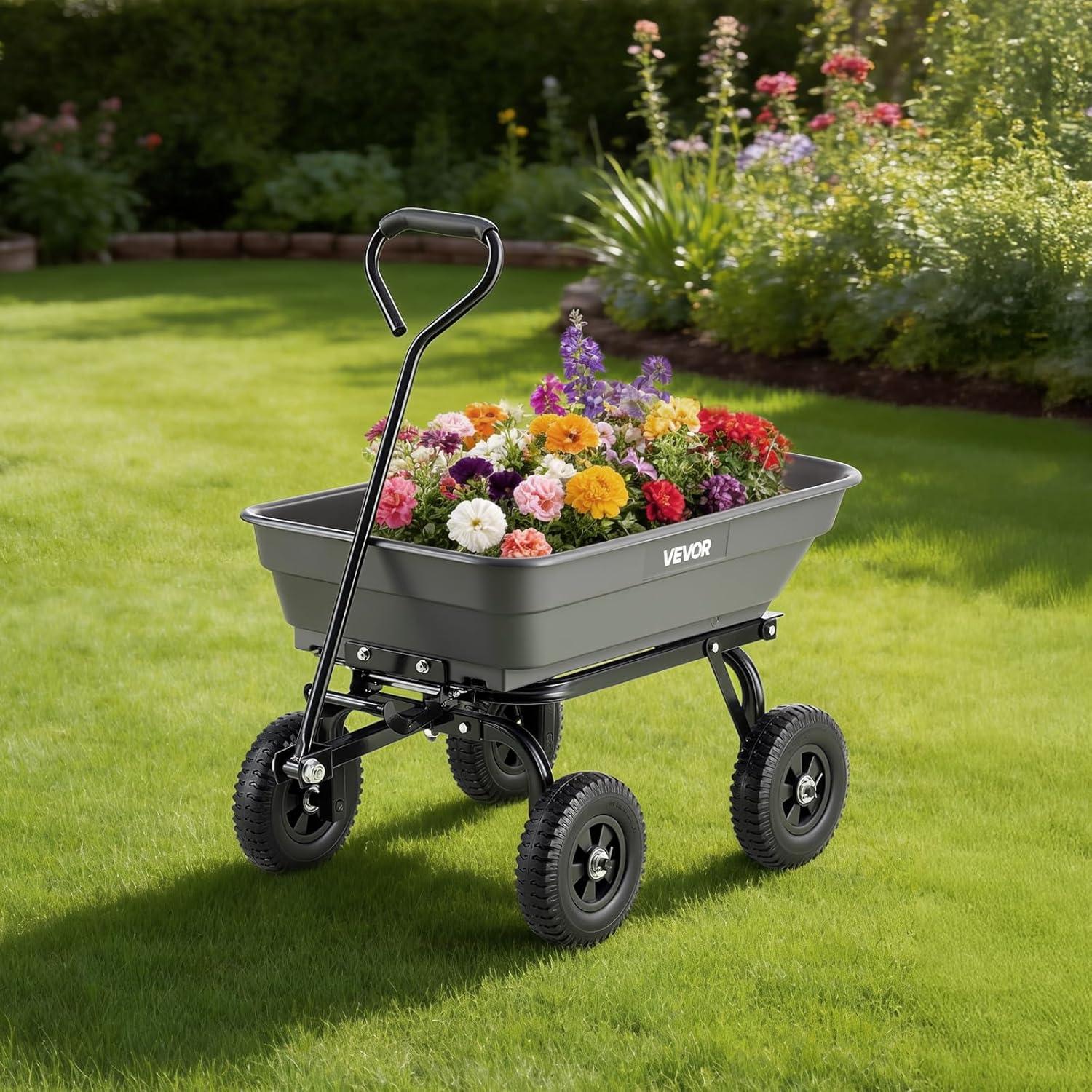 image:imageVEVOR 1200lbs 7CuFt Garden Dump Cart with 2in1 Convertible Handle and 13in All Terrain Wheels Heavy Duty Poly Yard Dump Wagon Utility ATV Trailer Dump Cart Tow Behind for Lawn Mower Tractor400LBS Flat Free Tires