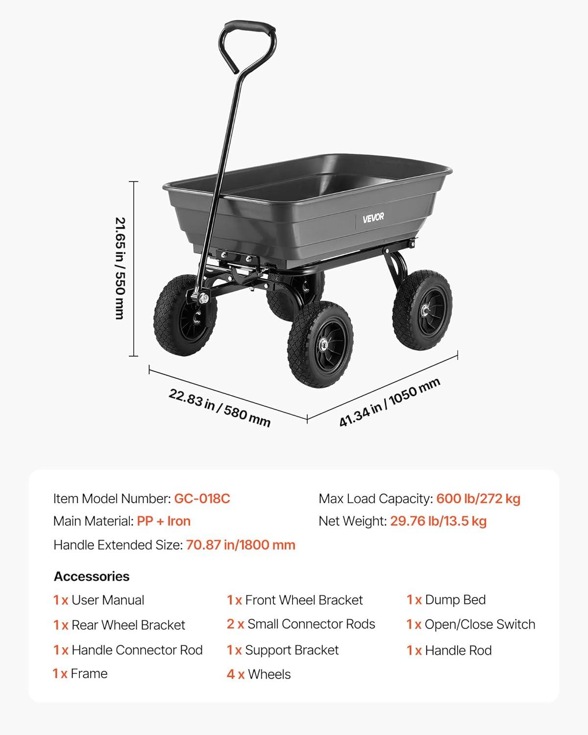 image:imageVEVOR 1200lbs 7CuFt Garden Dump Cart with 2in1 Convertible Handle and 13in All Terrain Wheels Heavy Duty Poly Yard Dump Wagon Utility ATV Trailer Dump Cart Tow Behind for Lawn Mower Tractor600LBS Flat Free Tires