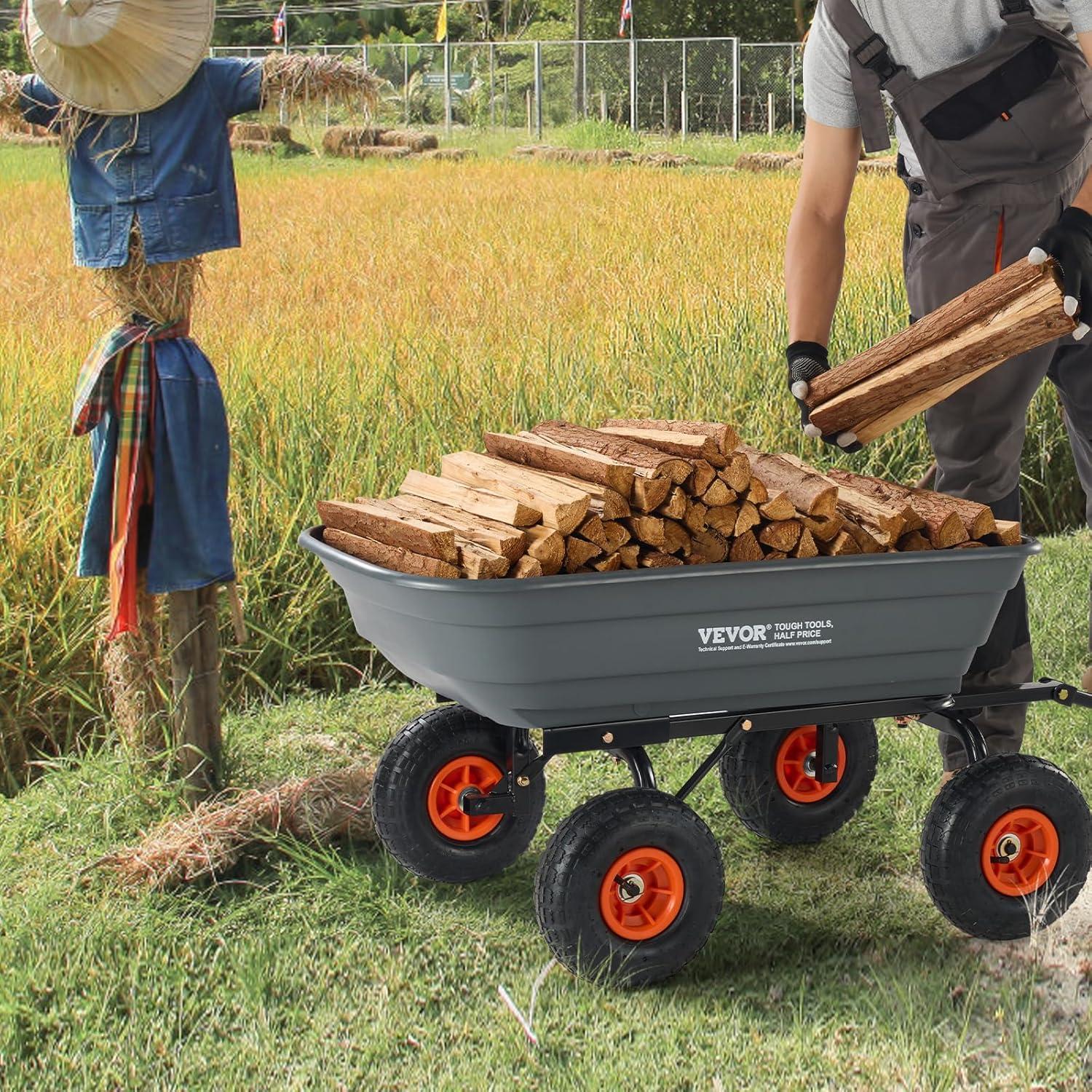 image:imageVEVOR 1200lbs 7CuFt Garden Dump Cart with 2in1 Convertible Handle and 13in All Terrain Wheels Heavy Duty Poly Yard Dump Wagon Utility ATV Trailer Dump Cart Tow Behind for Lawn Mower Tractor600lbsPneumatic Tires