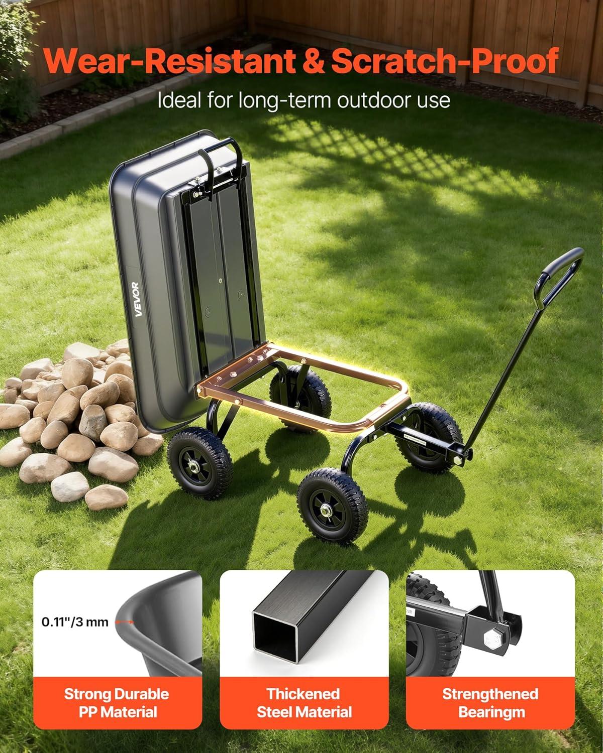 image:imageVEVOR 1200lbs 7CuFt Garden Dump Cart with 2in1 Convertible Handle and 13in All Terrain Wheels Heavy Duty Poly Yard Dump Wagon Utility ATV Trailer Dump Cart Tow Behind for Lawn Mower Tractor400LBS Flat Free Tires