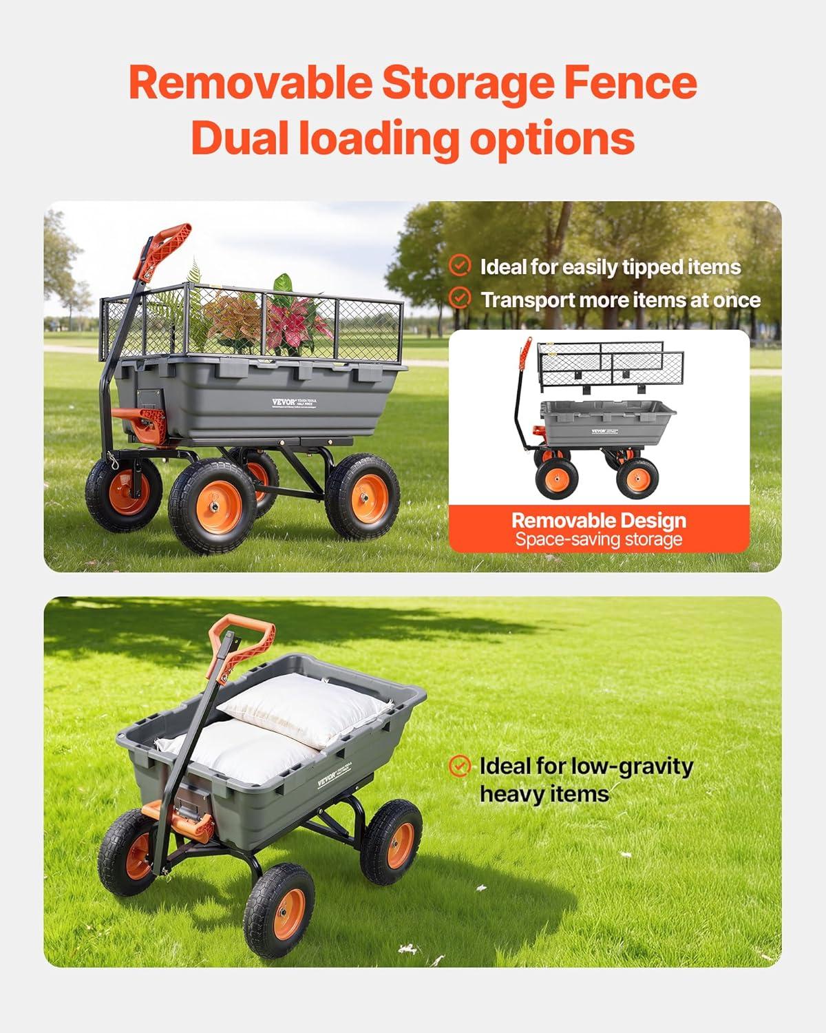 image:imageVEVOR 1200lbs 7CuFt Garden Dump Cart with 2in1 Convertible Handle and 13in All Terrain Wheels Heavy Duty Poly Yard Dump Wagon Utility ATV Trailer Dump Cart Tow Behind for Lawn Mower TractorUpgraded 1200LBS Flat Free Tires