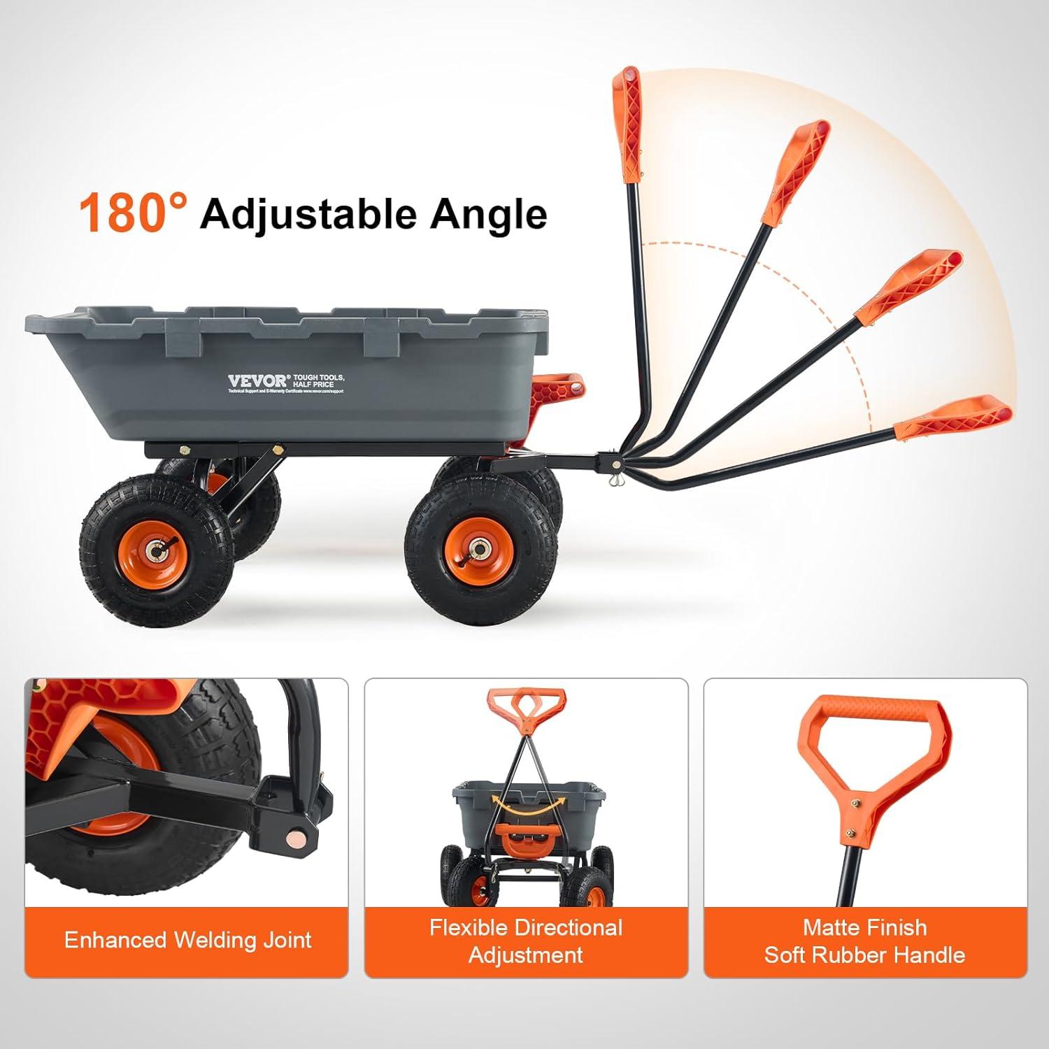 image:imageVEVOR 1200lbs 7CuFt Garden Dump Cart with 2in1 Convertible Handle and 13in All Terrain Wheels Heavy Duty Poly Yard Dump Wagon Utility ATV Trailer Dump Cart Tow Behind for Lawn Mower Tractor800lbs Pneumatic Tires