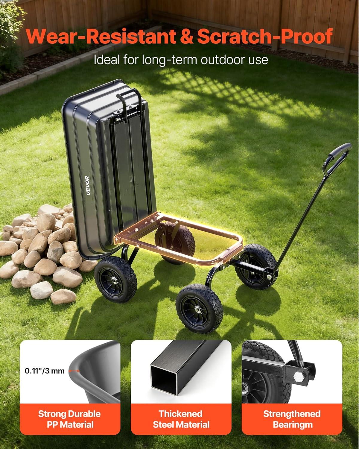 image:imageVEVOR 1200lbs 7CuFt Garden Dump Cart with 2in1 Convertible Handle and 13in All Terrain Wheels Heavy Duty Poly Yard Dump Wagon Utility ATV Trailer Dump Cart Tow Behind for Lawn Mower Tractor600LBS Flat Free Tires