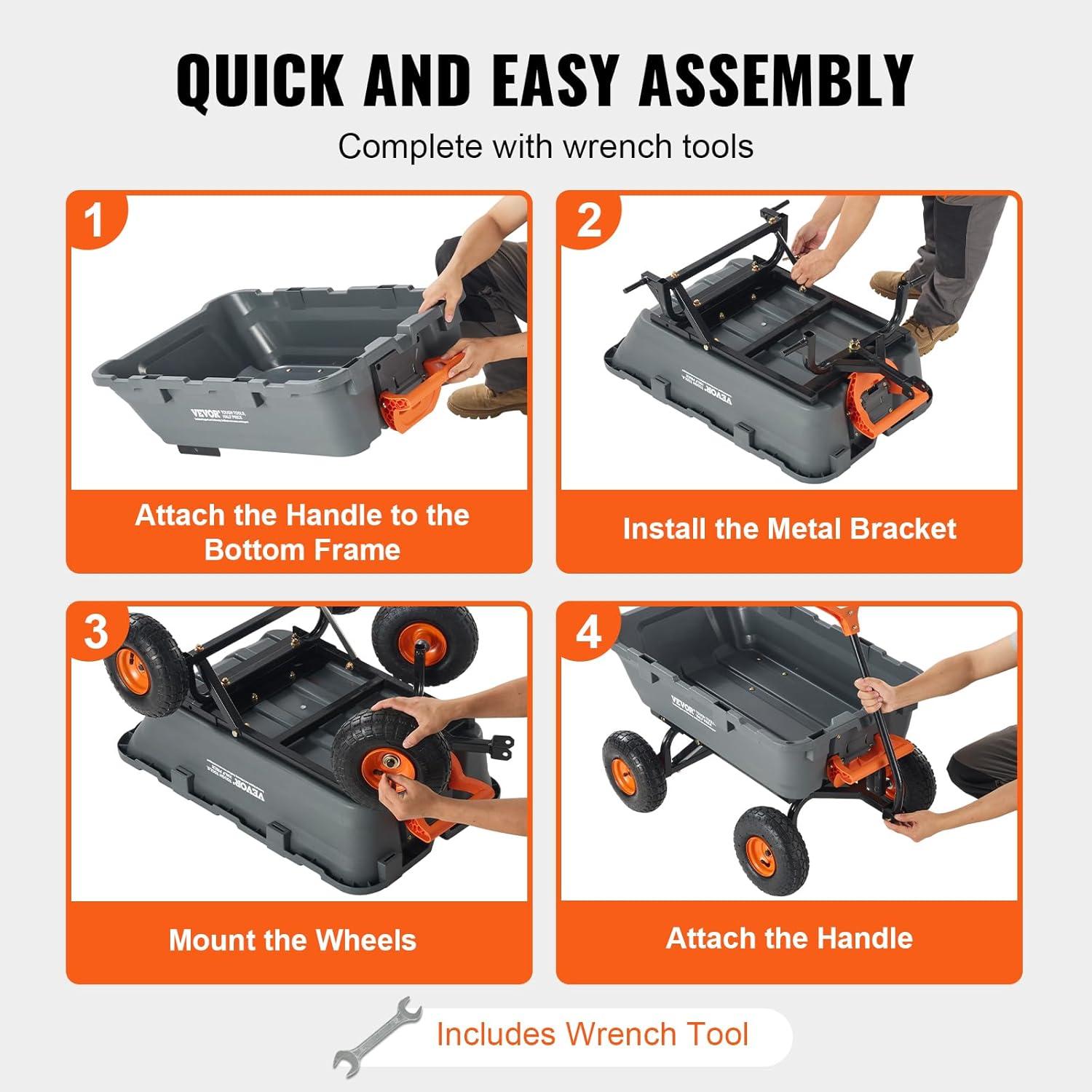image:imageVEVOR 1200lbs 7CuFt Garden Dump Cart with 2in1 Convertible Handle and 13in All Terrain Wheels Heavy Duty Poly Yard Dump Wagon Utility ATV Trailer Dump Cart Tow Behind for Lawn Mower Tractor800lbs Pneumatic Tires