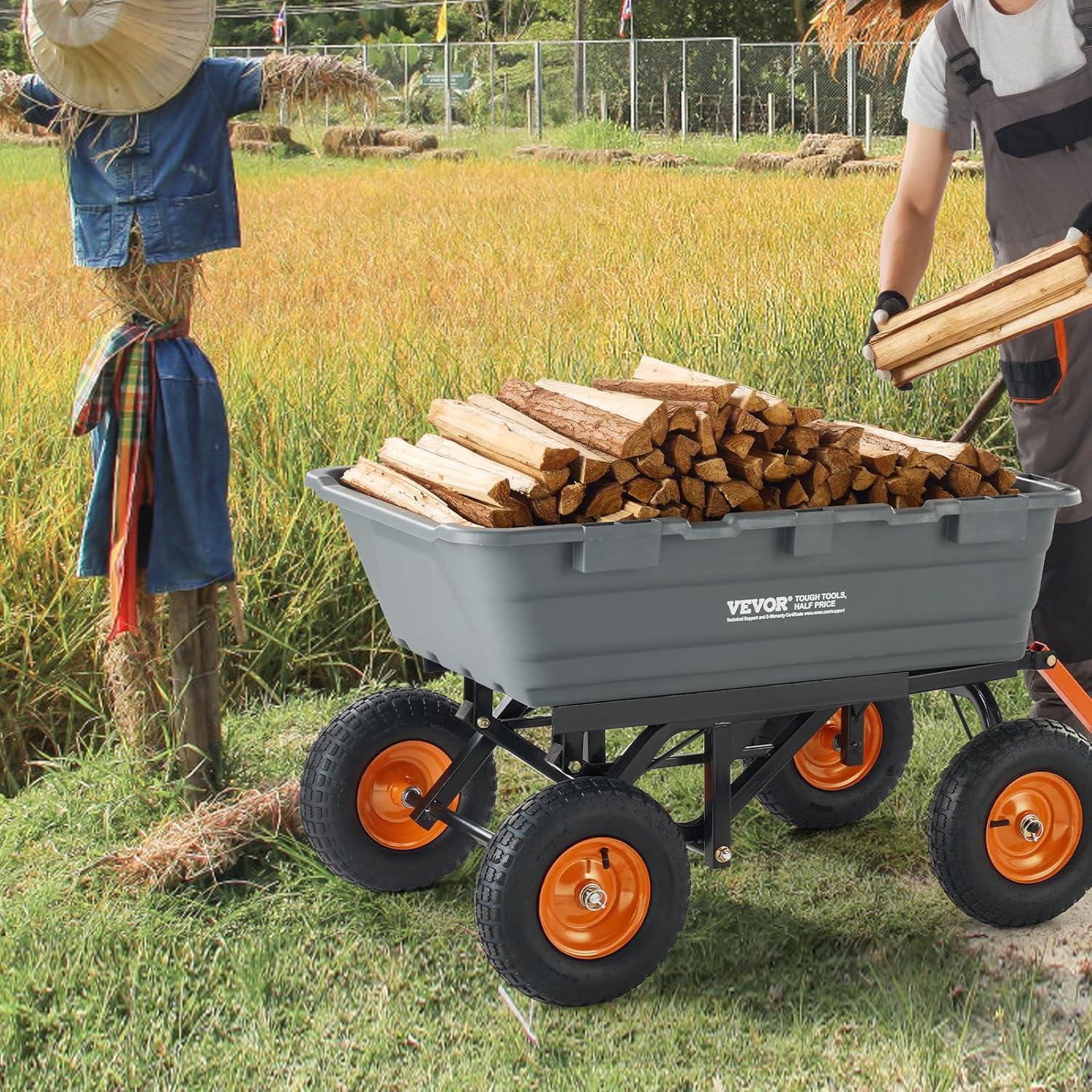 image:imageVEVOR 1200lbs 7CuFt Garden Dump Cart with 2in1 Convertible Handle and 13in All Terrain Wheels Heavy Duty Poly Yard Dump Wagon Utility ATV Trailer Dump Cart Tow Behind for Lawn Mower Tractor1500lbs Pneumatic Tire