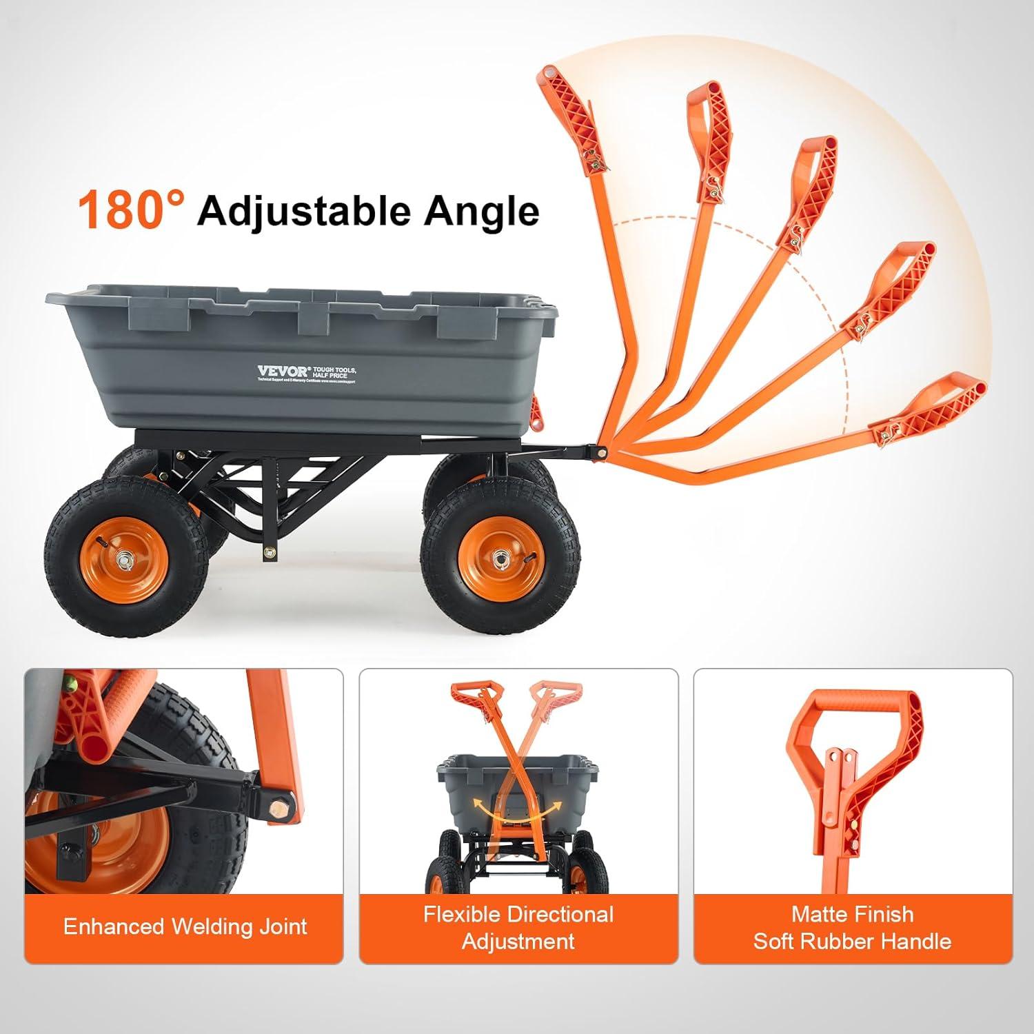 image:imageVEVOR 1200lbs 7CuFt Garden Dump Cart with 2in1 Convertible Handle and 13in All Terrain Wheels Heavy Duty Poly Yard Dump Wagon Utility ATV Trailer Dump Cart Tow Behind for Lawn Mower Tractor1500lbs Pneumatic Tire