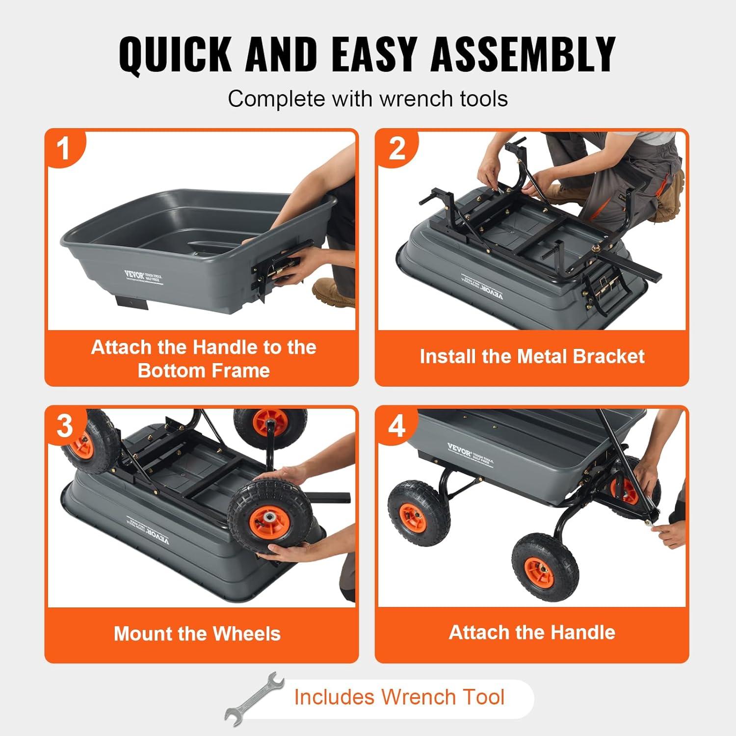 image:imageVEVOR 1200lbs 7CuFt Garden Dump Cart with 2in1 Convertible Handle and 13in All Terrain Wheels Heavy Duty Poly Yard Dump Wagon Utility ATV Trailer Dump Cart Tow Behind for Lawn Mower Tractor600lbsPneumatic Tires