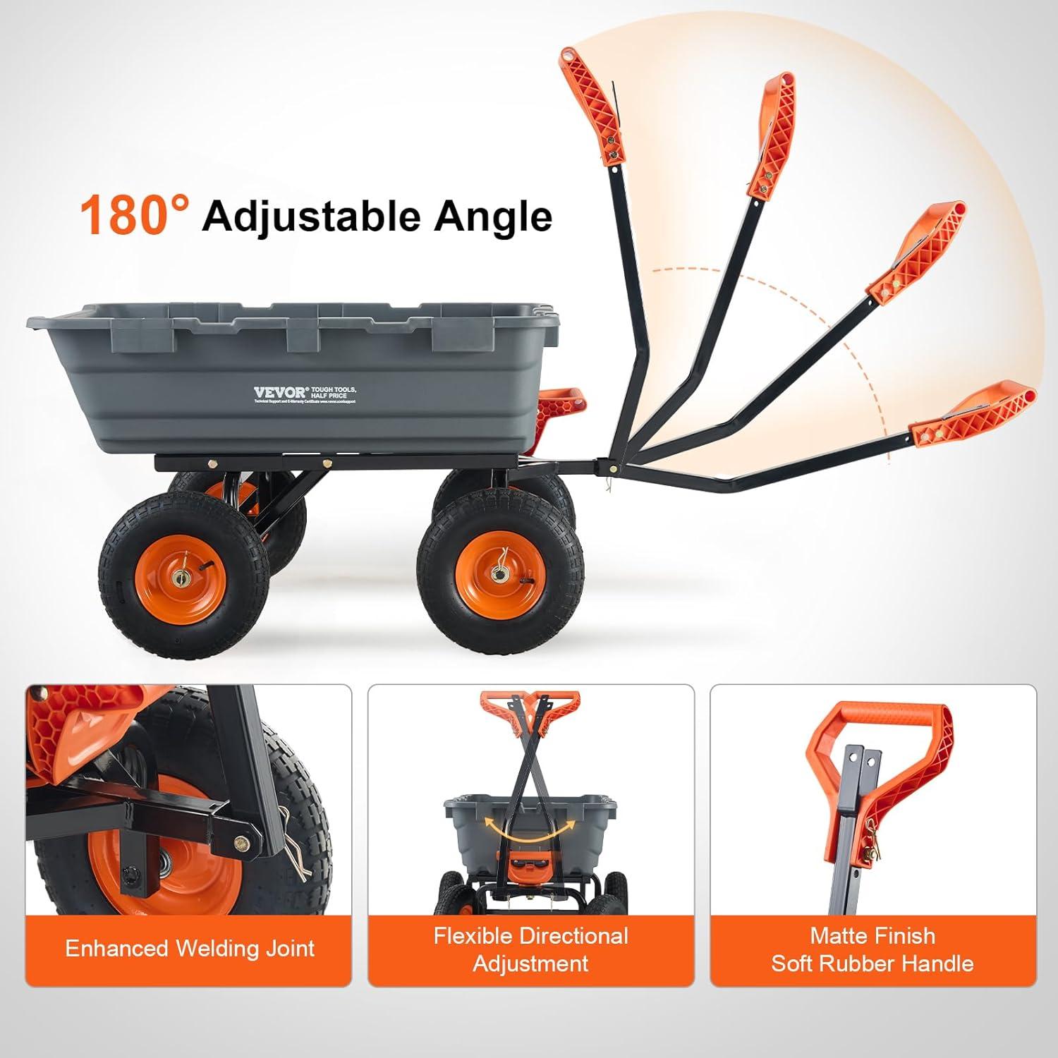 image:imageVEVOR 1200lbs 7CuFt Garden Dump Cart with 2in1 Convertible Handle and 13in All Terrain Wheels Heavy Duty Poly Yard Dump Wagon Utility ATV Trailer Dump Cart Tow Behind for Lawn Mower Tractor1200LBS Pneumatic tires