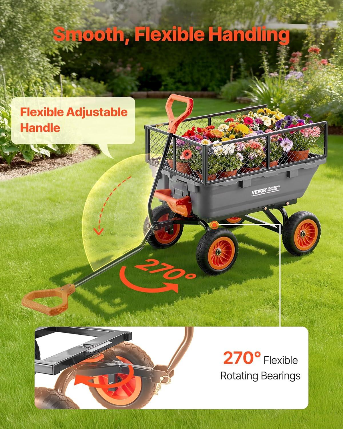 image:imageVEVOR 1200lbs 7CuFt Garden Dump Cart with 2in1 Convertible Handle and 13in All Terrain Wheels Heavy Duty Poly Yard Dump Wagon Utility ATV Trailer Dump Cart Tow Behind for Lawn Mower TractorUpgraded 800LBS Flat Free Tires