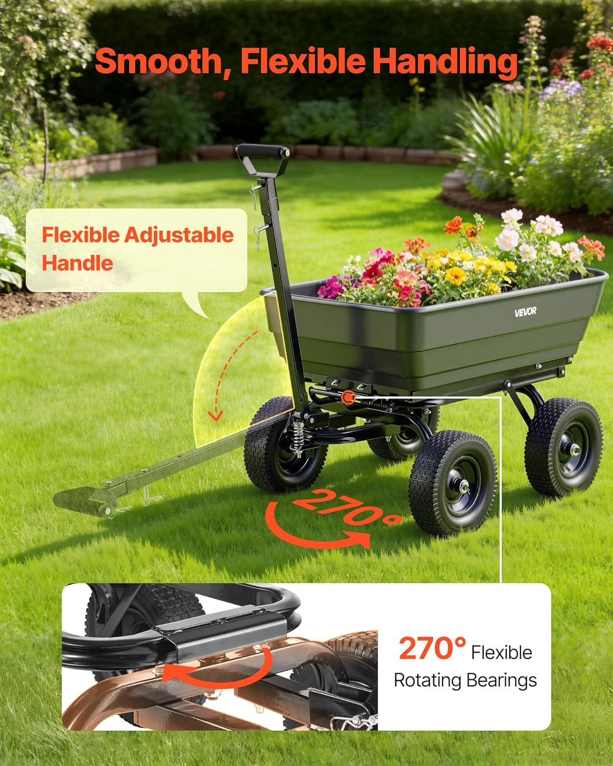 image:imageVEVOR 1200lbs 7CuFt Garden Dump Cart with 2in1 Convertible Handle and 13in All Terrain Wheels Heavy Duty Poly Yard Dump Wagon Utility ATV Trailer Dump Cart Tow Behind for Lawn Mower Tractor1200LBS Flat Free Tires