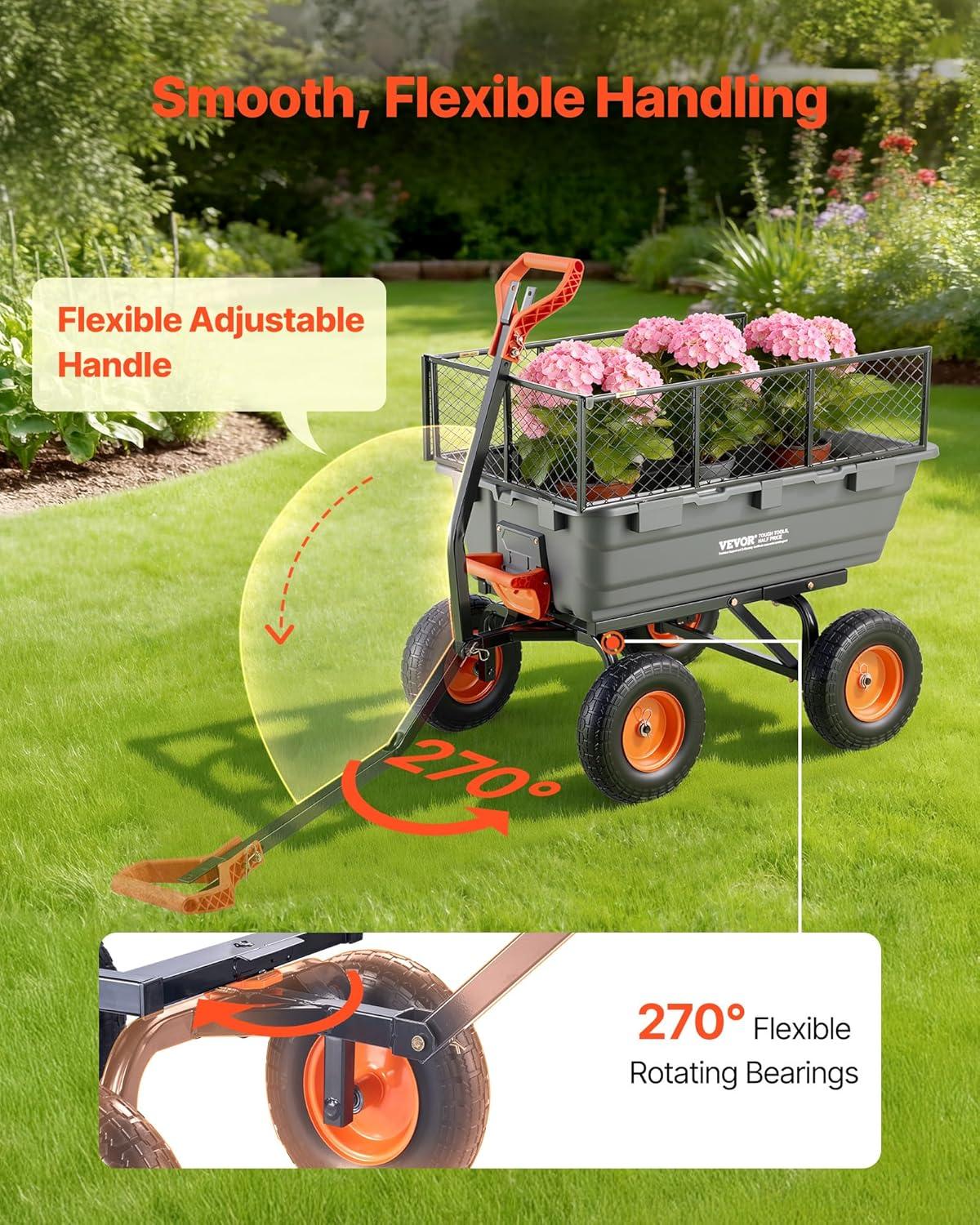image:imageVEVOR 1200lbs 7CuFt Garden Dump Cart with 2in1 Convertible Handle and 13in All Terrain Wheels Heavy Duty Poly Yard Dump Wagon Utility ATV Trailer Dump Cart Tow Behind for Lawn Mower TractorUpgraded 1200LBS Flat Free Tires