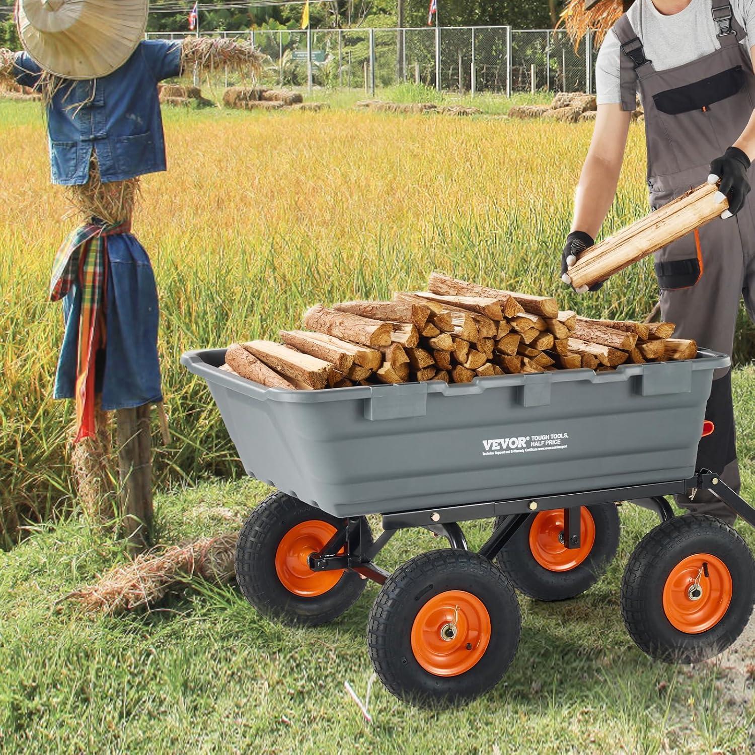 image:imageVEVOR 1200lbs 7CuFt Garden Dump Cart with 2in1 Convertible Handle and 13in All Terrain Wheels Heavy Duty Poly Yard Dump Wagon Utility ATV Trailer Dump Cart Tow Behind for Lawn Mower Tractor1200LBS Pneumatic tires