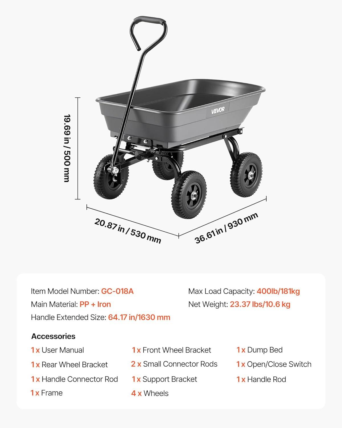 image:imageVEVOR 1200lbs 7CuFt Garden Dump Cart with 2in1 Convertible Handle and 13in All Terrain Wheels Heavy Duty Poly Yard Dump Wagon Utility ATV Trailer Dump Cart Tow Behind for Lawn Mower Tractor400LBS Flat Free Tires