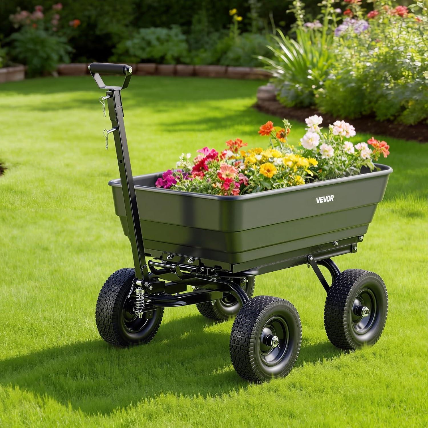 image:imageVEVOR 1200lbs 7CuFt Garden Dump Cart with 2in1 Convertible Handle and 13in All Terrain Wheels Heavy Duty Poly Yard Dump Wagon Utility ATV Trailer Dump Cart Tow Behind for Lawn Mower Tractor1200LBS Flat Free Tires