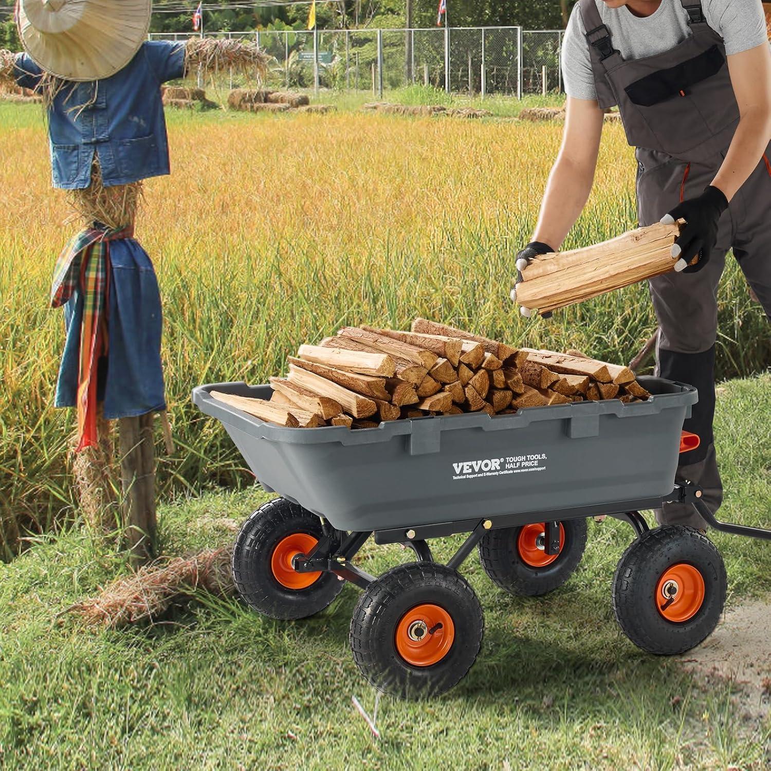 image:imageVEVOR 1200lbs 7CuFt Garden Dump Cart with 2in1 Convertible Handle and 13in All Terrain Wheels Heavy Duty Poly Yard Dump Wagon Utility ATV Trailer Dump Cart Tow Behind for Lawn Mower Tractor800lbs Pneumatic Tires