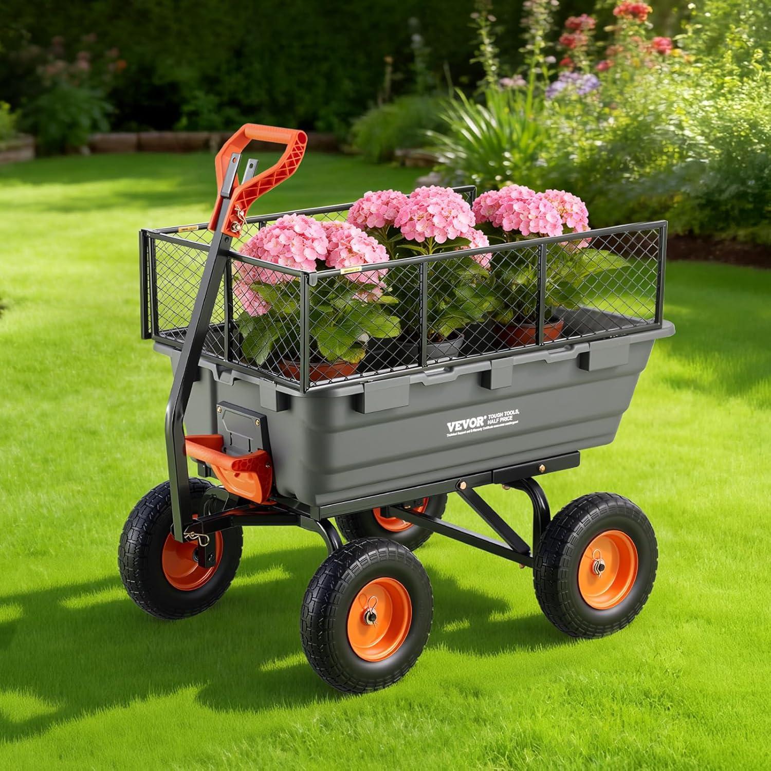 image:imageVEVOR 1200lbs 7CuFt Garden Dump Cart with 2in1 Convertible Handle and 13in All Terrain Wheels Heavy Duty Poly Yard Dump Wagon Utility ATV Trailer Dump Cart Tow Behind for Lawn Mower TractorUpgraded 1200LBS Flat Free Tires