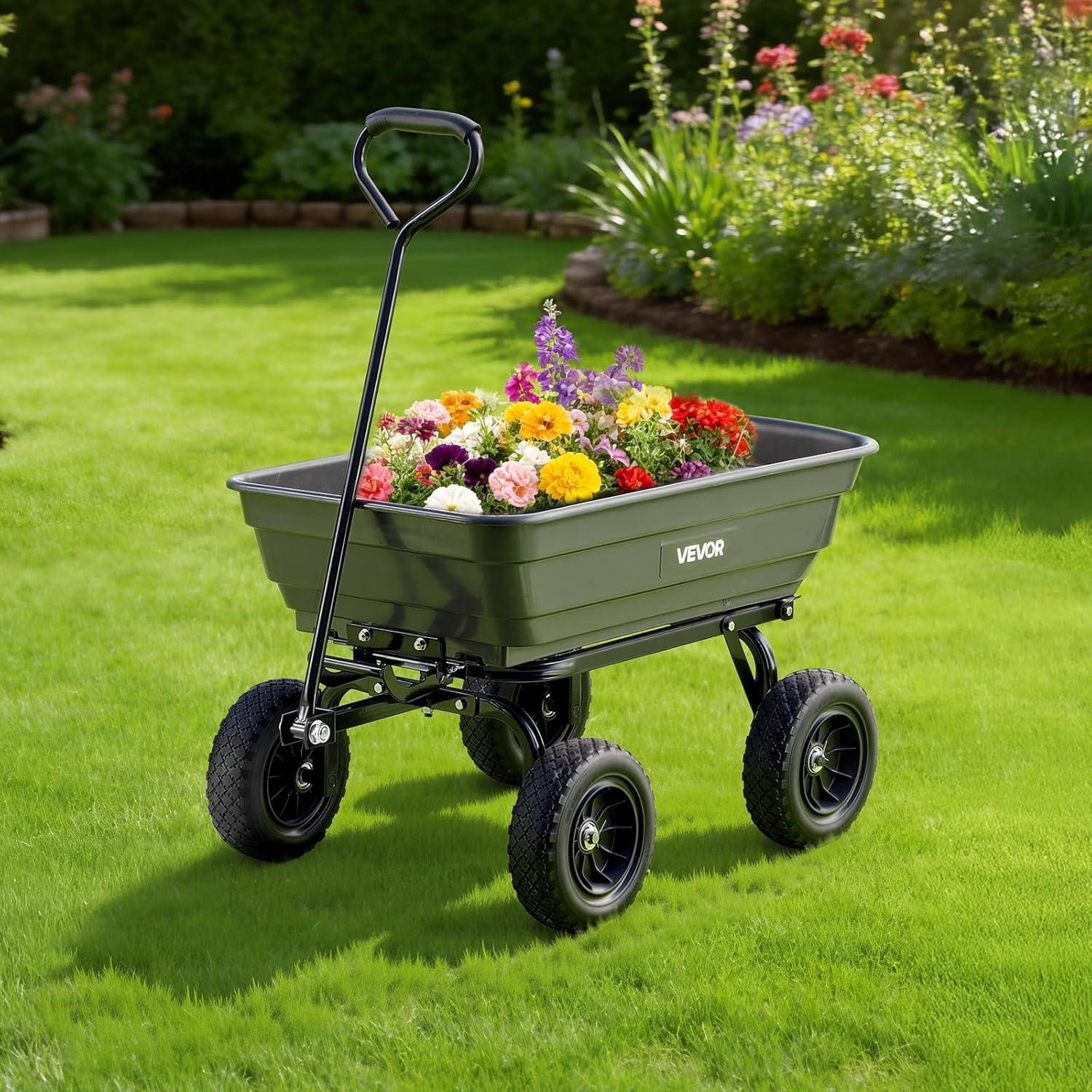 image:imageVEVOR 1200lbs 7CuFt Garden Dump Cart with 2in1 Convertible Handle and 13in All Terrain Wheels Heavy Duty Poly Yard Dump Wagon Utility ATV Trailer Dump Cart Tow Behind for Lawn Mower Tractor600LBS Flat Free Tires