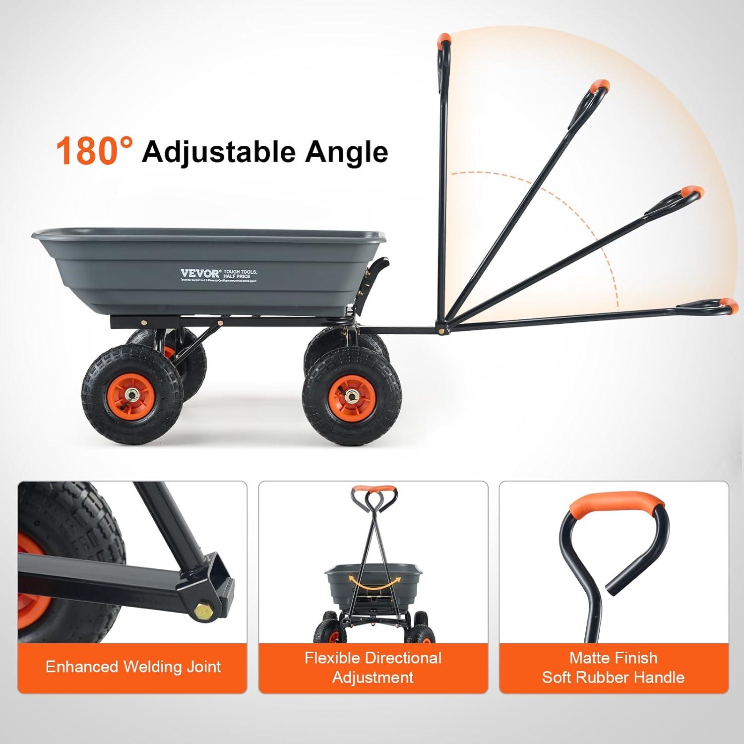 image:imageVEVOR 1200lbs 7CuFt Garden Dump Cart with 2in1 Convertible Handle and 13in All Terrain Wheels Heavy Duty Poly Yard Dump Wagon Utility ATV Trailer Dump Cart Tow Behind for Lawn Mower Tractor600lbsPneumatic Tires