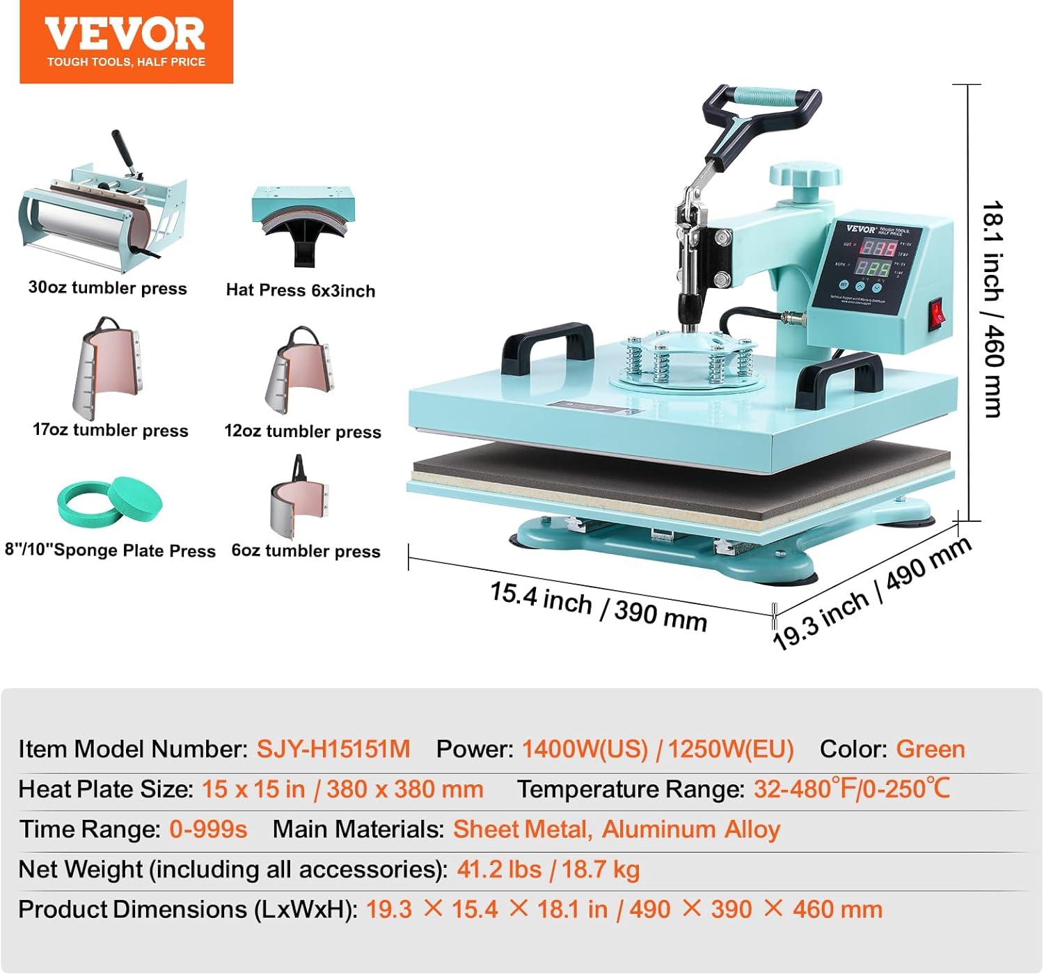 image:imageVEVOR 15x15 Heat Press Machine 8 in 1 Combo with 30 OZ Tumbler Press amp Hat Press Slide Out Heat Press Sublimation Machine for TShirts Hats Caps Tumblers Glass Cans Mugs and Plates Light Green8in115x1530OZGreen