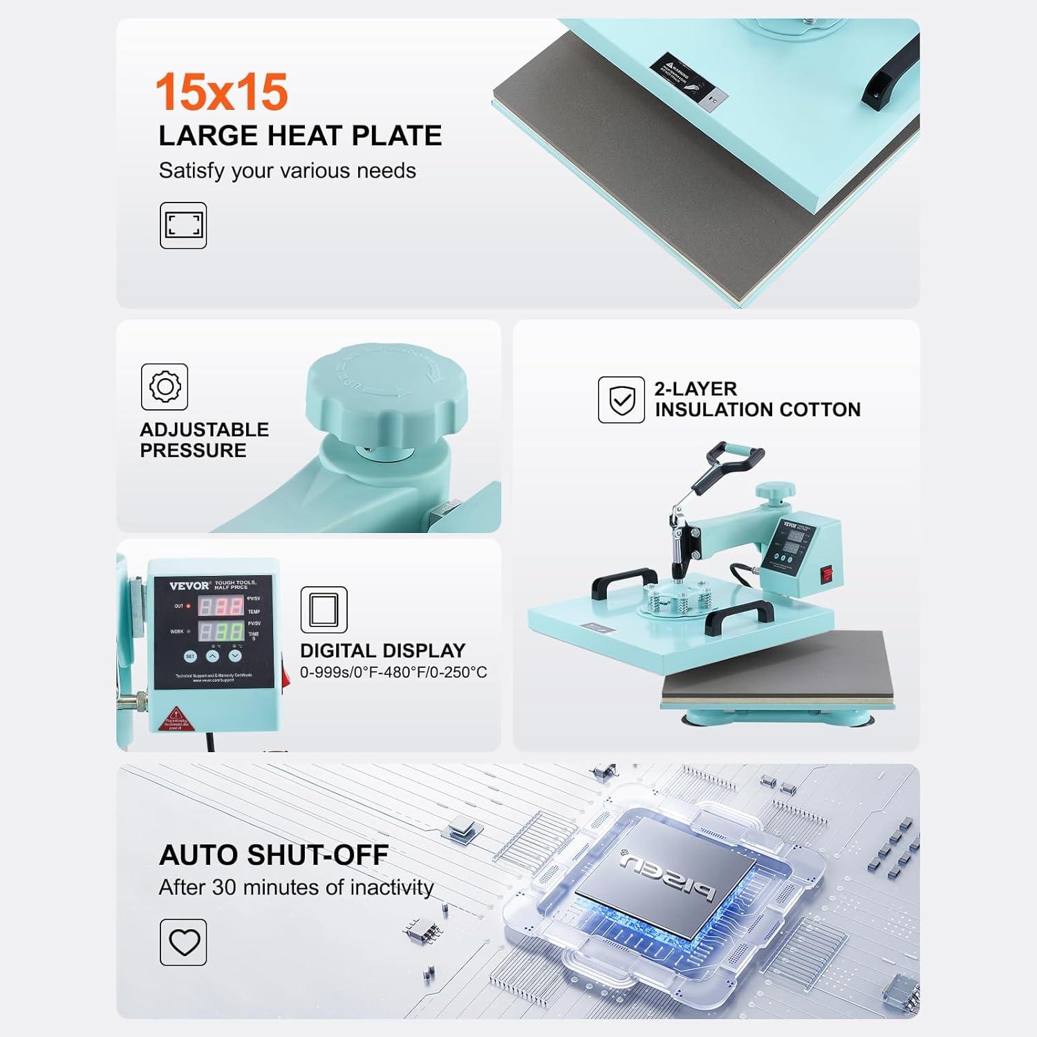 image:imageVEVOR 15x15 Heat Press Machine 8 in 1 Combo with 30 OZ Tumbler Press amp Hat Press Slide Out Heat Press Sublimation Machine for TShirts Hats Caps Tumblers Glass Cans Mugs and Plates Light Green8in115x1530OZGreen