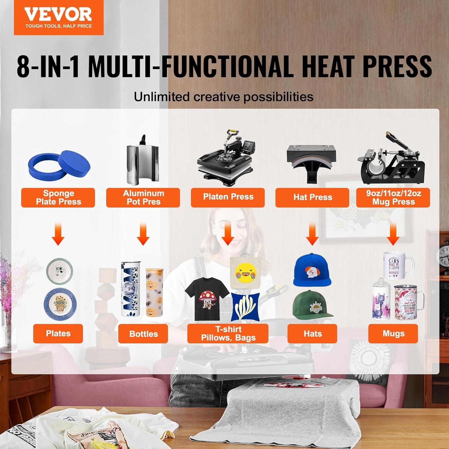 image:imageVEVOR 15x15 Heat Press Machine 8 in 1 Combo with 30 OZ Tumbler Press amp Hat Press Slide Out Heat Press Sublimation Machine for TShirts Hats Caps Tumblers Glass Cans Mugs and Plates Light Green8in115x15Black