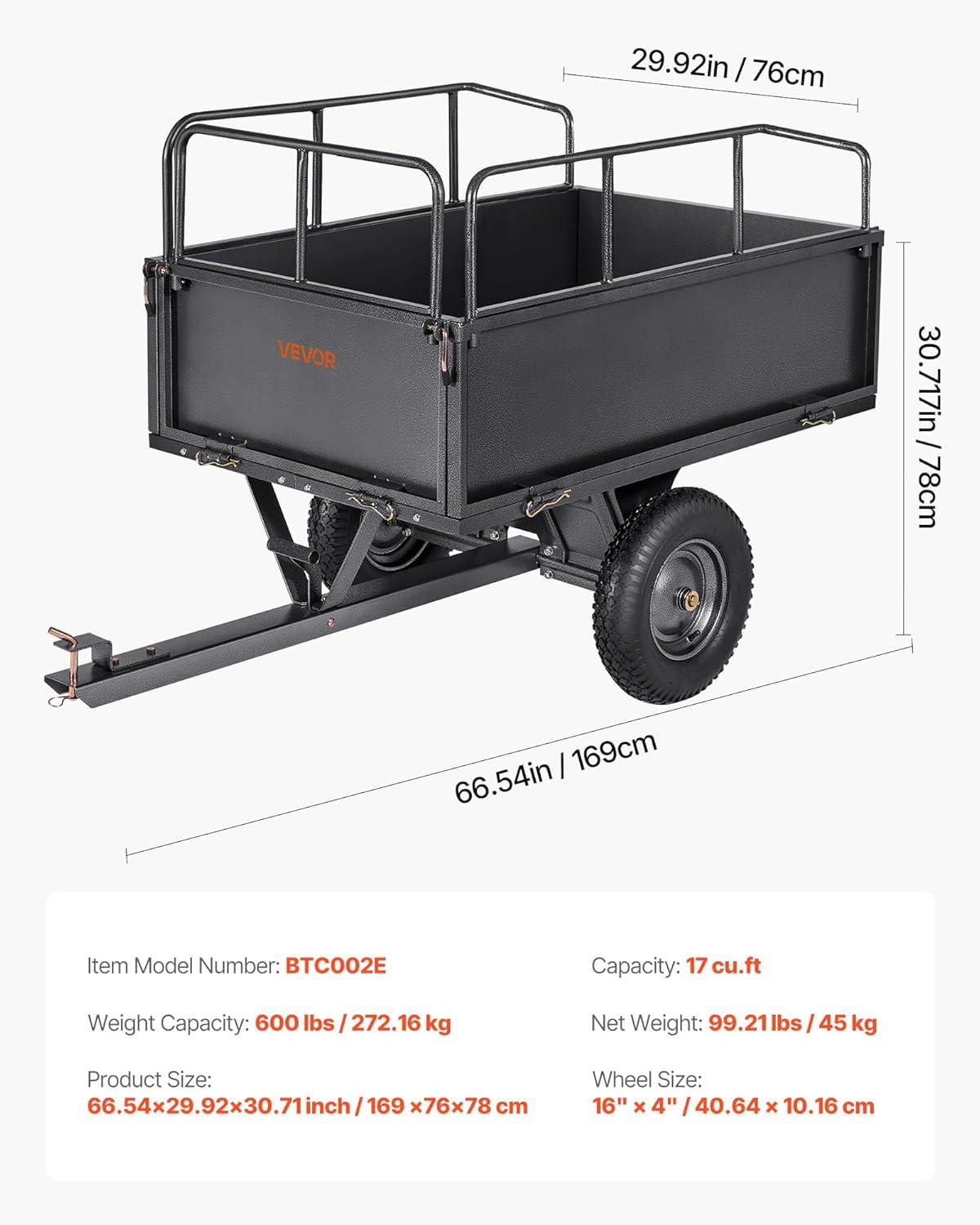 image:imageVEVOR 22 CuFt 1600Lbs Steel ATV UTV Trailer Tow Behind Dump Cart Heavy Duty Pull Behind Utility Dump Trailer for Lawn Mower Trailer Tractor Garden Yard with Removable Rear Panel600Lbs17cuft