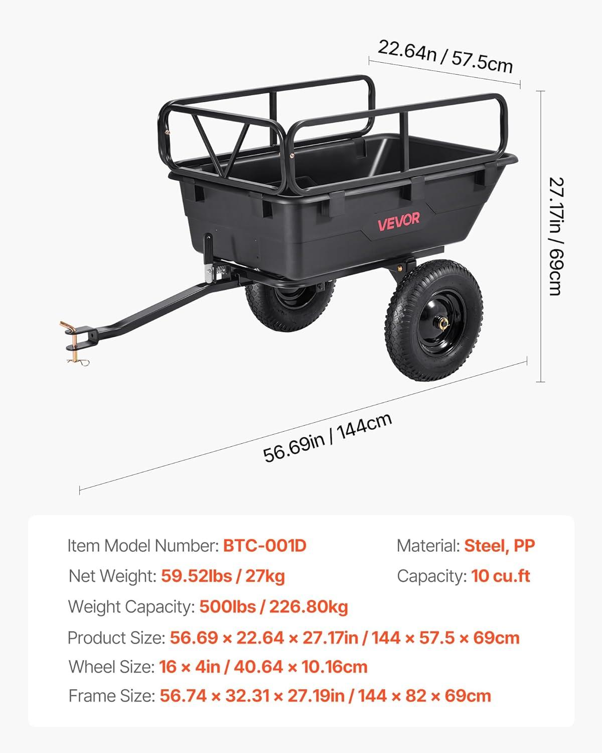 image:imageVEVOR 22 CuFt 1600Lbs Steel ATV UTV Trailer Tow Behind Dump Cart Heavy Duty Pull Behind Utility Dump Trailer for Lawn Mower Trailer Tractor Garden Yard with Removable Rear Panel500Lbs10cuft