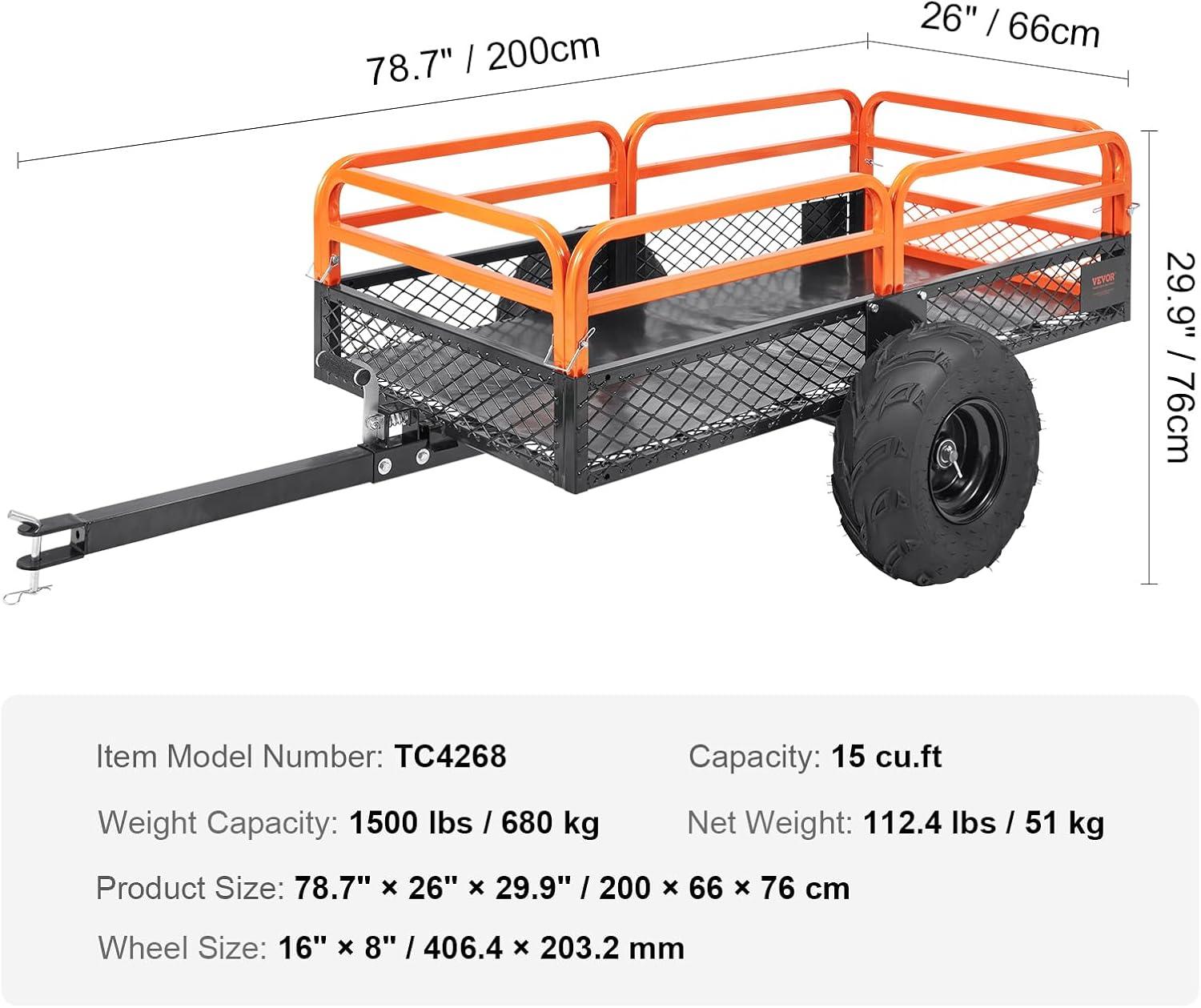 image:imageVEVOR 22 CuFt 1600Lbs Steel ATV UTV Trailer Tow Behind Dump Cart Heavy Duty Pull Behind Utility Dump Trailer for Lawn Mower Trailer Tractor Garden Yard with Removable Rear Panel1500pound15cuft