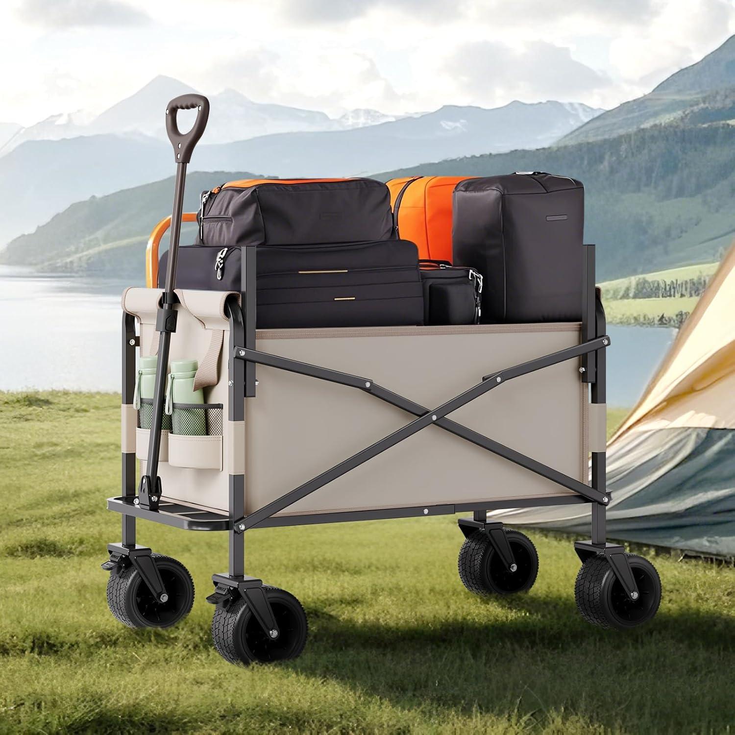 image:imageVEVOR 400L450lbs Large Collapsible Double Decker Wagon Foldable Heavy Duty Beach Wagon Cart with Big Wheels for Sand Folding Utility Sports Cart for Camping Garden550Lbs220L
