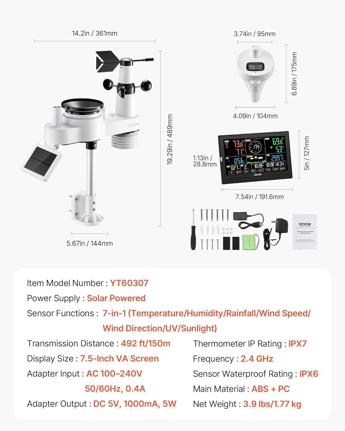 image:imageVEVOR 7in1 WiFi Weather Station with APP 75Inch VA Display Wireless Solar Powered Outdoor Sensor Rain Gauge Indoor Outdoor for Weather Forecast Wind Speed Temperature Humidity Rainfall7in1 WiFi with Pool Thermometer