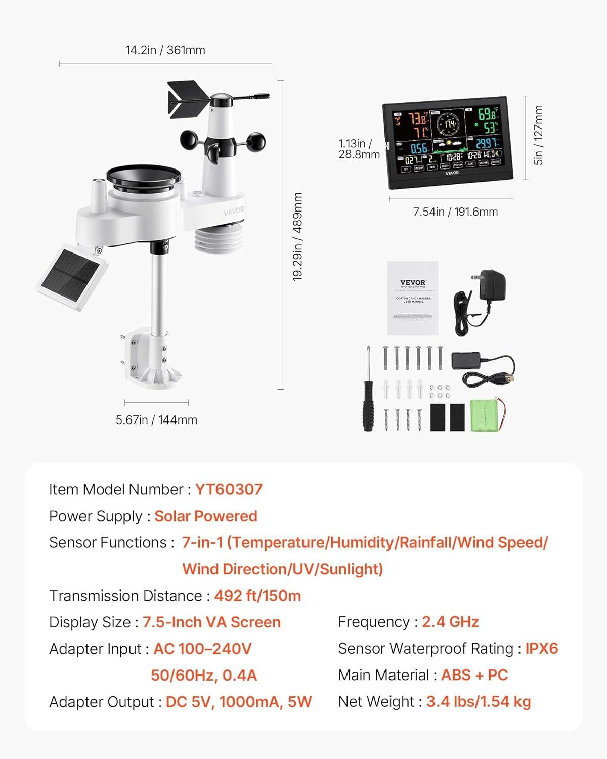 image:imageVEVOR 7in1 WiFi Weather Station with APP 75Inch VA Display Wireless Solar Powered Outdoor Sensor Rain Gauge Indoor Outdoor for Weather Forecast Wind Speed Temperature Humidity Rainfall7in1 WiFi with APP