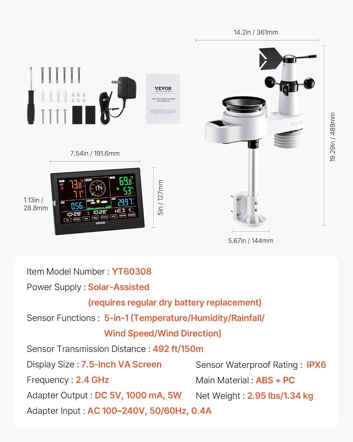 image:imageVEVOR 7in1 WiFi Weather Station with APP 75Inch VA Display Wireless Solar Powered Outdoor Sensor Rain Gauge Indoor Outdoor for Weather Forecast Wind Speed Temperature Humidity Rainfall5in1 WiFi with APP