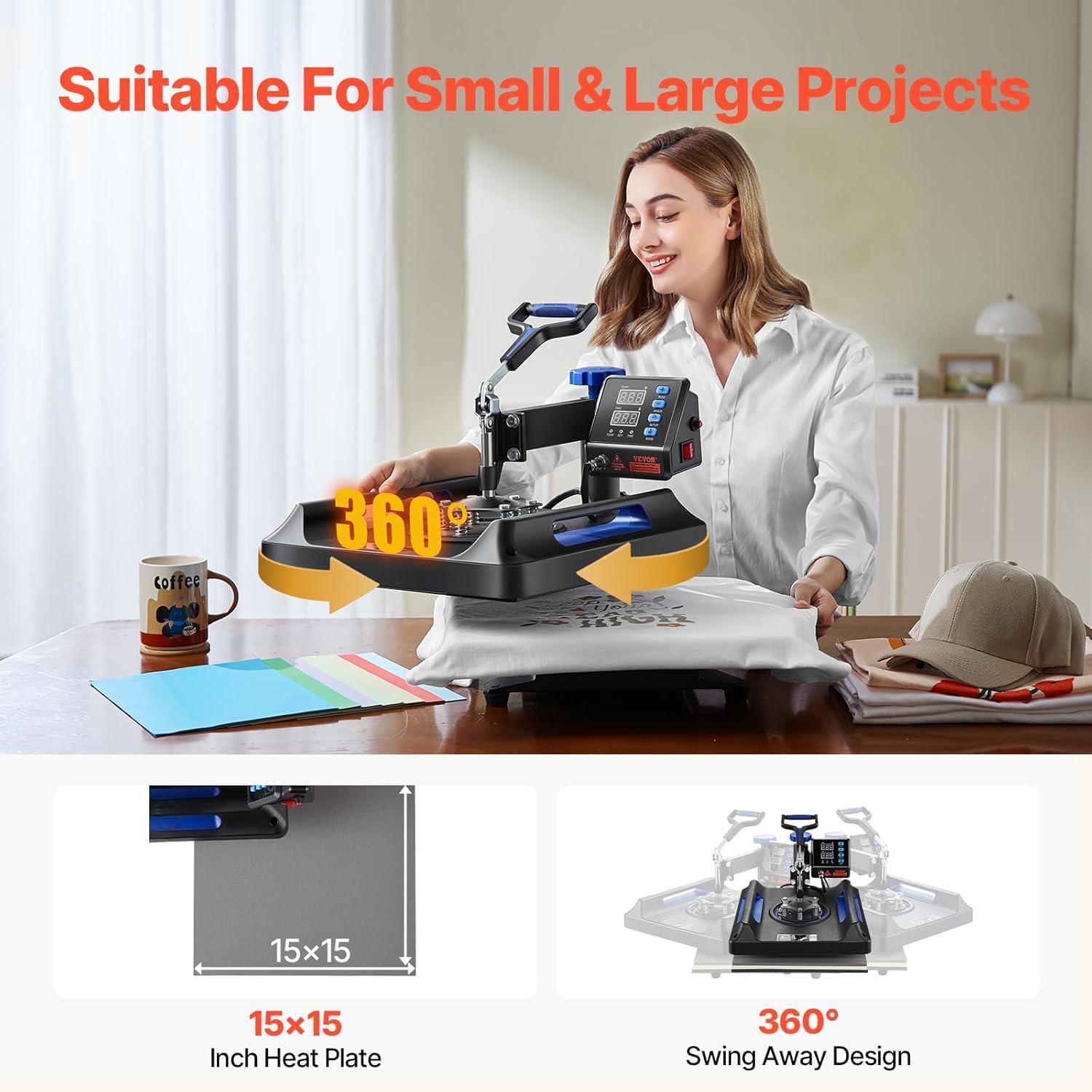 image:imageVEVOR 8 in 1 Heat Press Machine 15x15 Inch 360 Swing Away Tshirt Press Digital Professional Sublimation Heat Transfer for T Shirts Hat Cap Mug PlateBlue