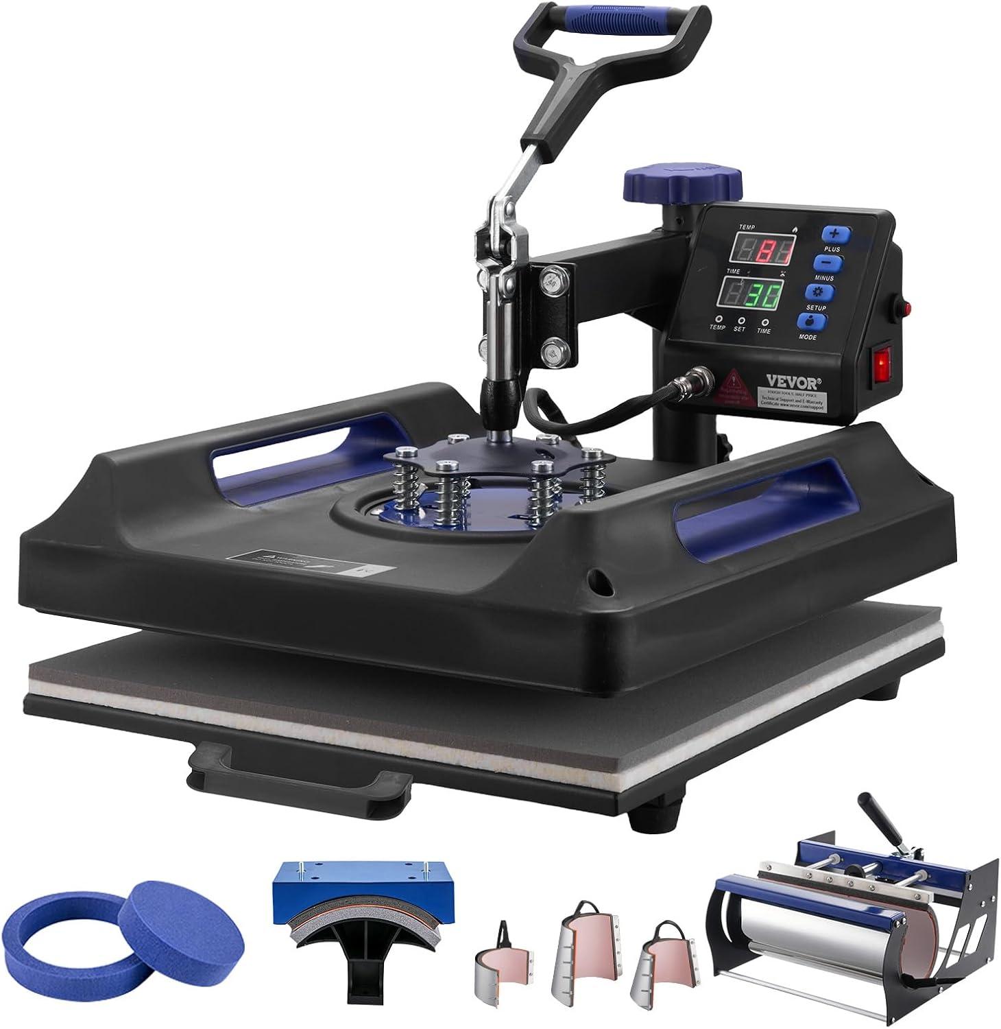 image:imageVEVOR 8 in 1 Heat Press Machine 15x15 Inch 360 Swing Away Tshirt Press Digital Professional Sublimation Heat Transfer for T Shirts Hat Cap Mug PlateBlue