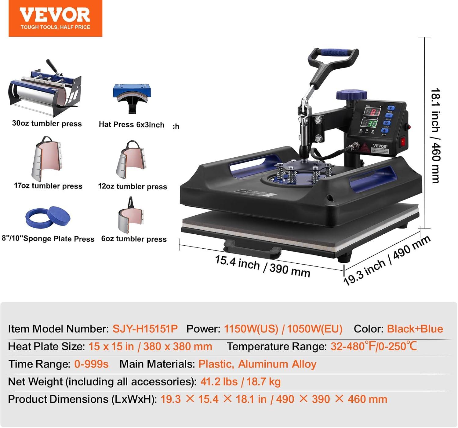 image:imageVEVOR 8 in 1 Heat Press Machine 15x15 Inch 360 Swing Away Tshirt Press Digital Professional Sublimation Heat Transfer for T Shirts Hat Cap Mug PlateBlue