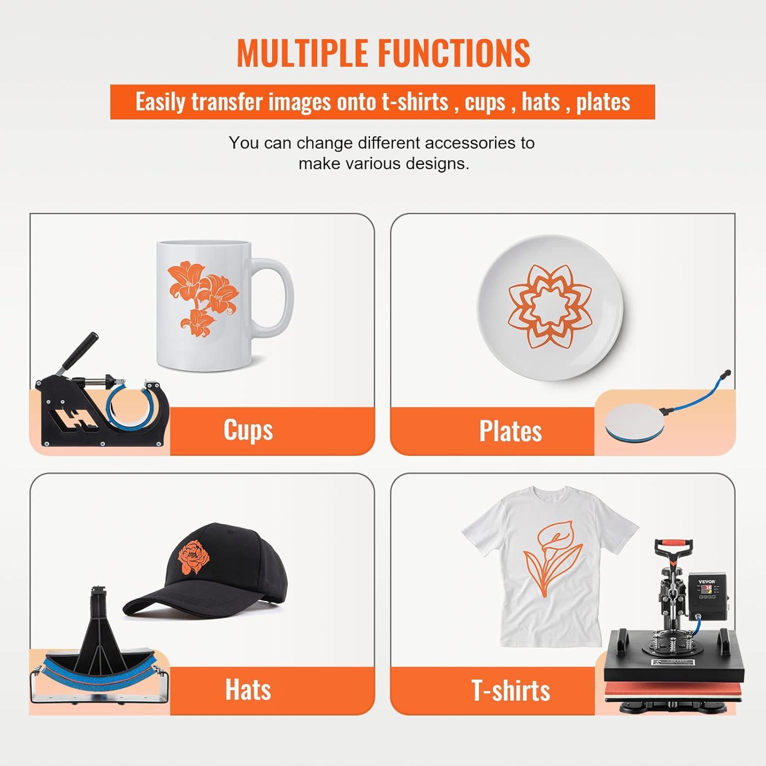 image:imageVEVOR 8 in 1 Heat Press Machine 15x15 Inch 360 Swing Away Tshirt Press Digital Professional Sublimation Heat Transfer for T Shirts Hat Cap Mug PlateBlack Red
