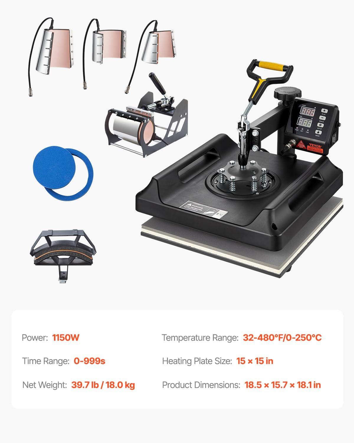 image:imageVEVOR 8 in 1 Heat Press Machine 15x15 Inch 360 Swing Away Tshirt Press Digital Professional Sublimation Heat Transfer for T Shirts Hat Cap Mug PlateBlack