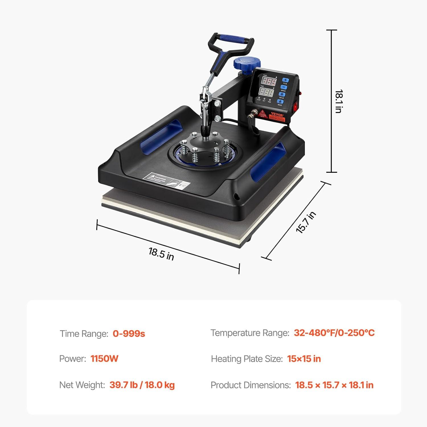 image:imageVEVOR 8 in 1 Heat Press Machine 15x15 Inch 360 Swing Away Tshirt Press Digital Professional Sublimation Heat Transfer for T Shirts Hat Cap Mug PlateBlue