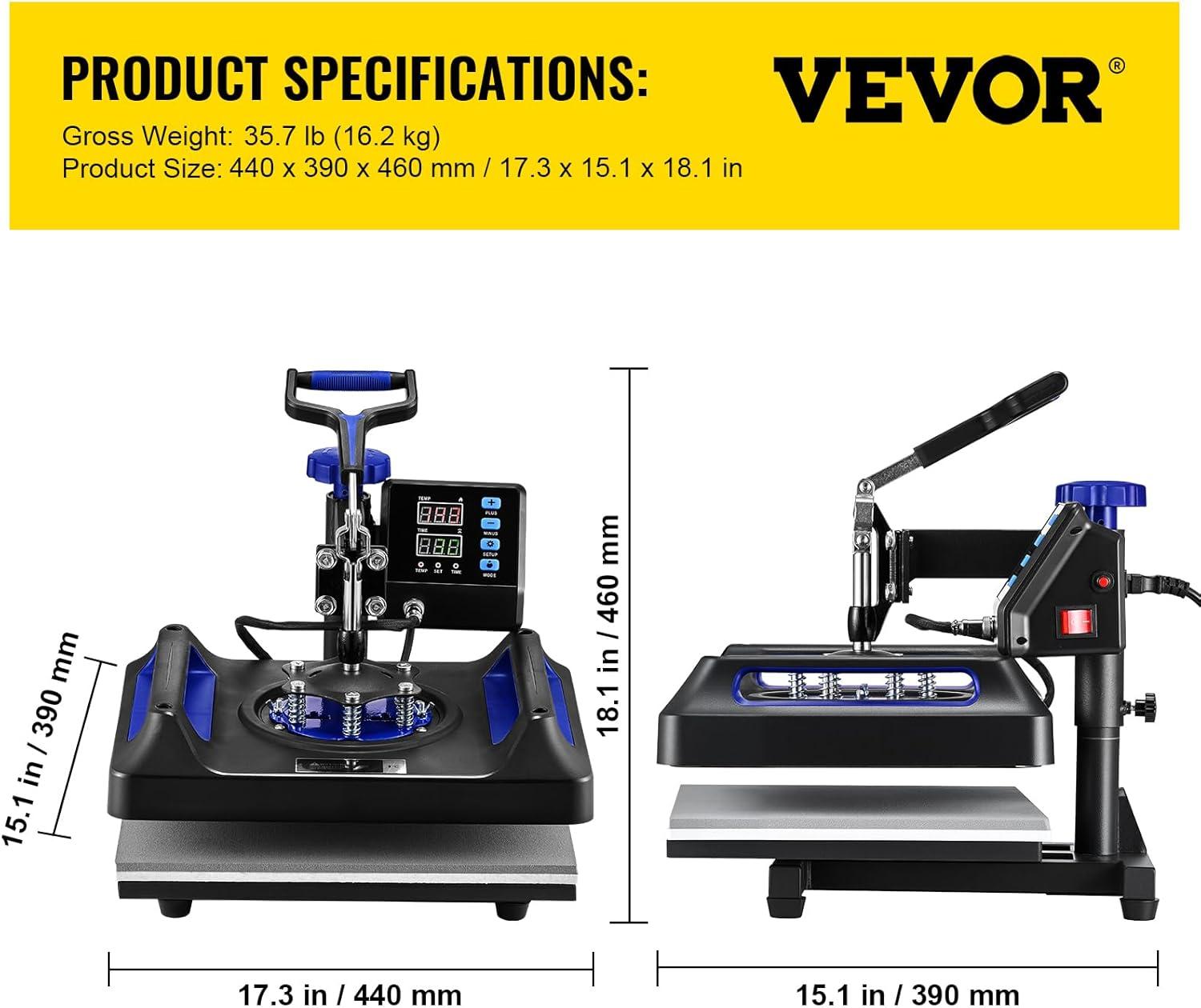 image:imageVEVOR 8 in 1 Heat Press Machine 15x15 Inch 360 Swing Away Tshirt Press Digital Professional Sublimation Heat Transfer for T Shirts Hat Cap Mug PlateBlue