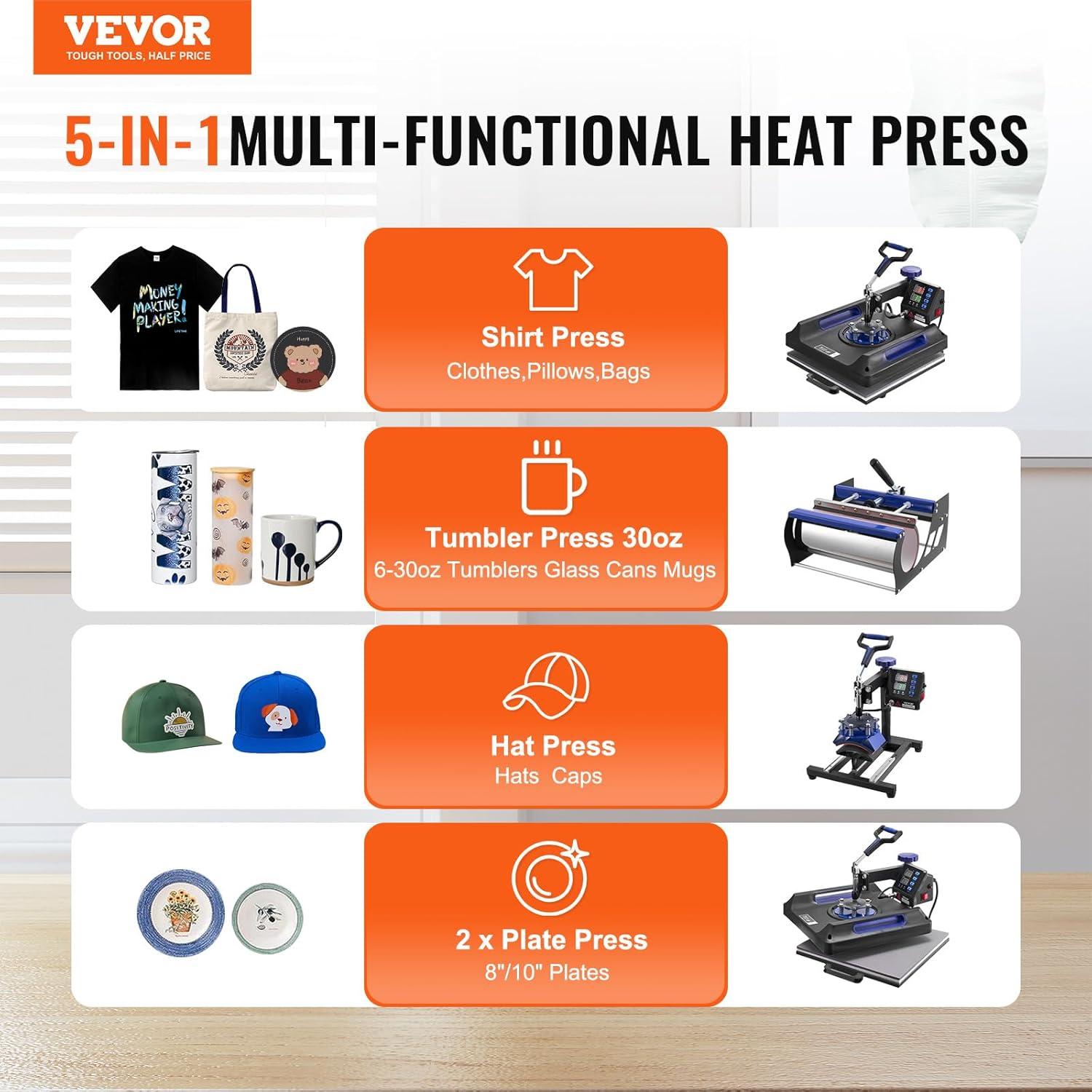 image:imageVEVOR 8 in 1 Heat Press Machine 15x15 Inch 360 Swing Away Tshirt Press Digital Professional Sublimation Heat Transfer for T Shirts Hat Cap Mug PlateBlue
