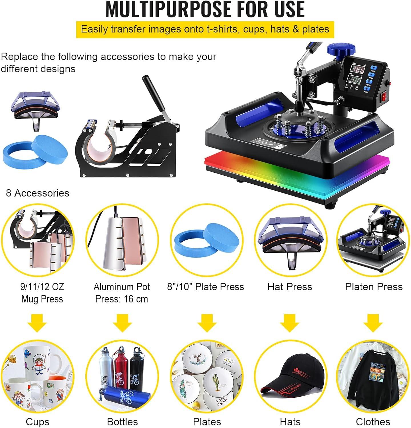 image:imageVEVOR 8 in 1 Heat Press Machine 15x15 Inch 360 Swing Away Tshirt Press Digital Professional Sublimation Heat Transfer for T Shirts Hat Cap Mug PlateBlue