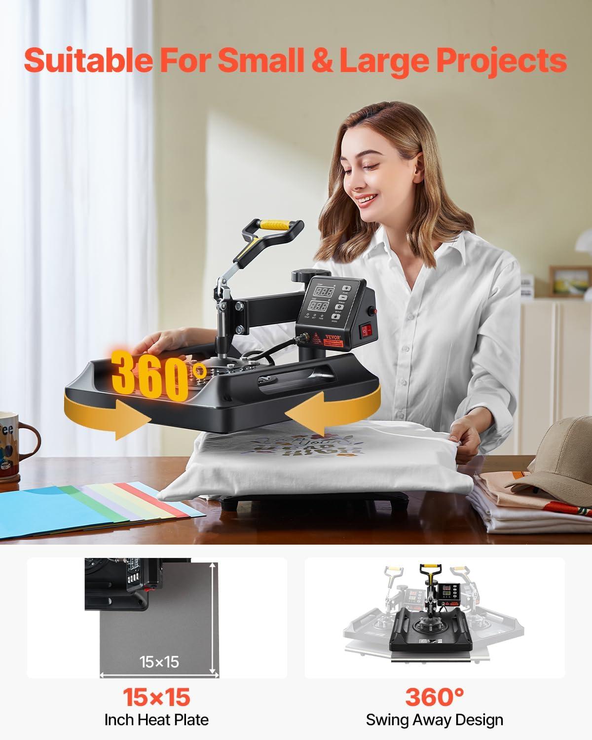 image:imageVEVOR 8 in 1 Heat Press Machine 15x15 Inch 360 Swing Away Tshirt Press Digital Professional Sublimation Heat Transfer for T Shirts Hat Cap Mug PlateBlack