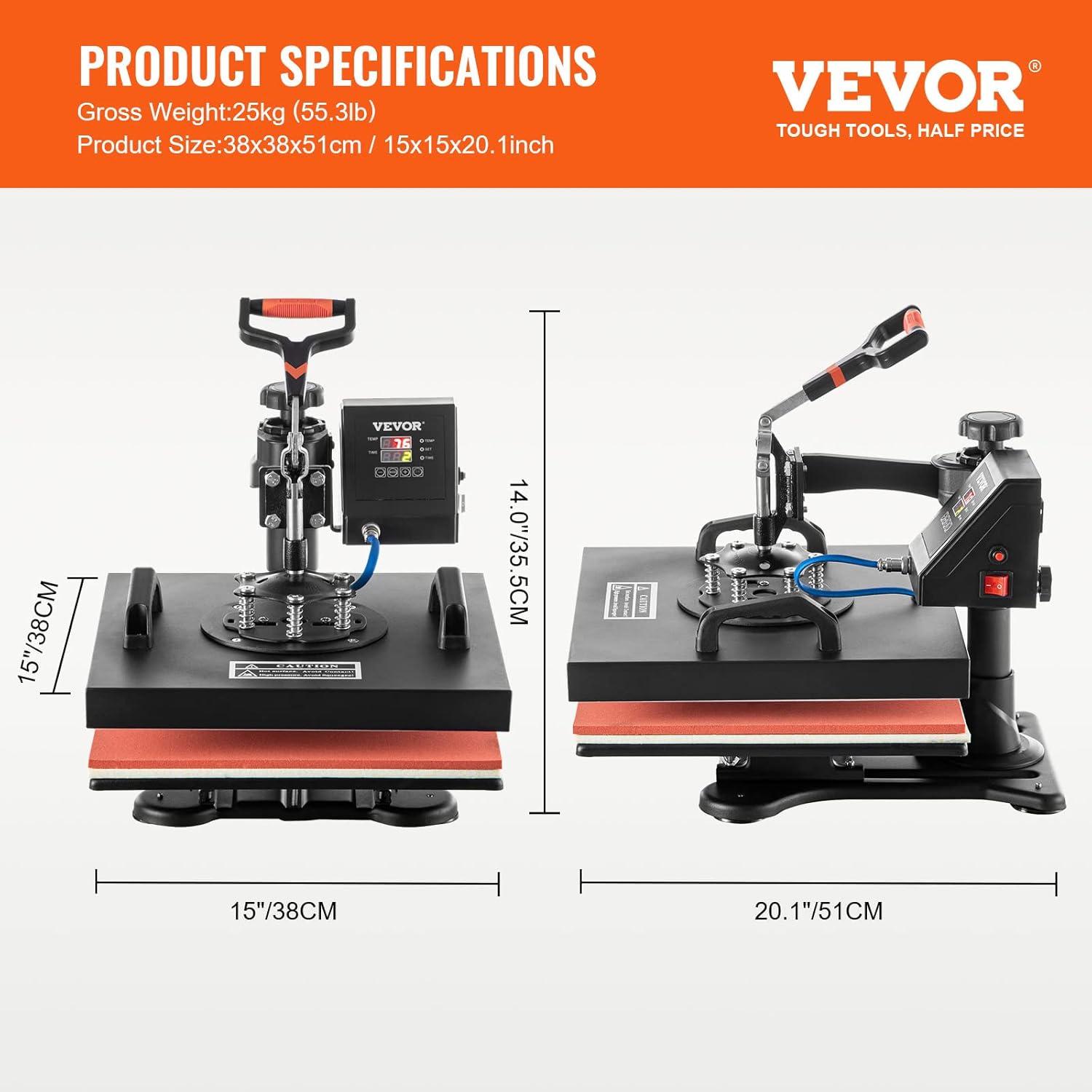 image:imageVEVOR 8 in 1 Heat Press Machine 15x15 Inch 360 Swing Away Tshirt Press Digital Professional Sublimation Heat Transfer for T Shirts Hat Cap Mug PlateBlack Red