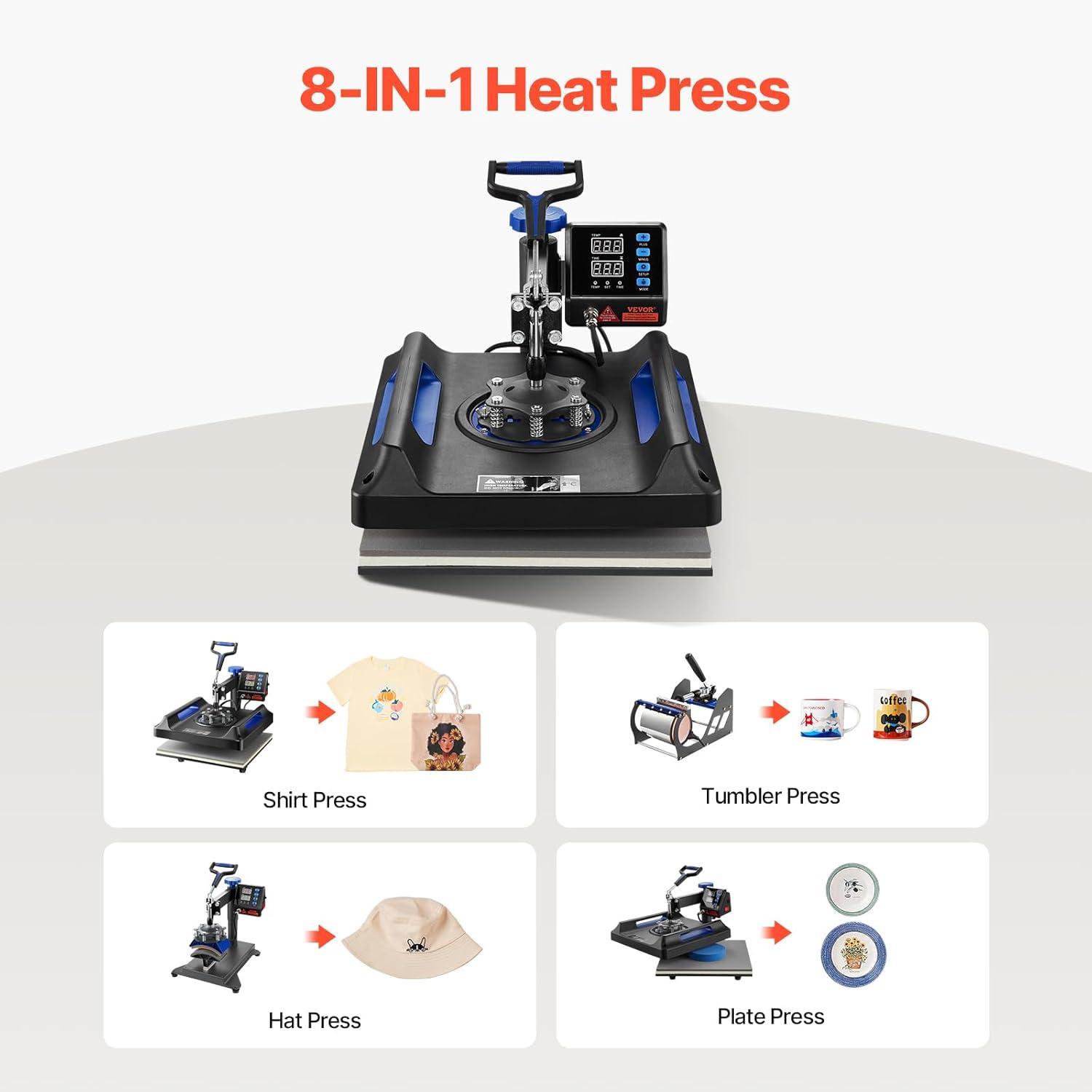 image:imageVEVOR 8 in 1 Heat Press Machine 15x15 Inch 360 Swing Away Tshirt Press Digital Professional Sublimation Heat Transfer for T Shirts Hat Cap Mug PlateBlue