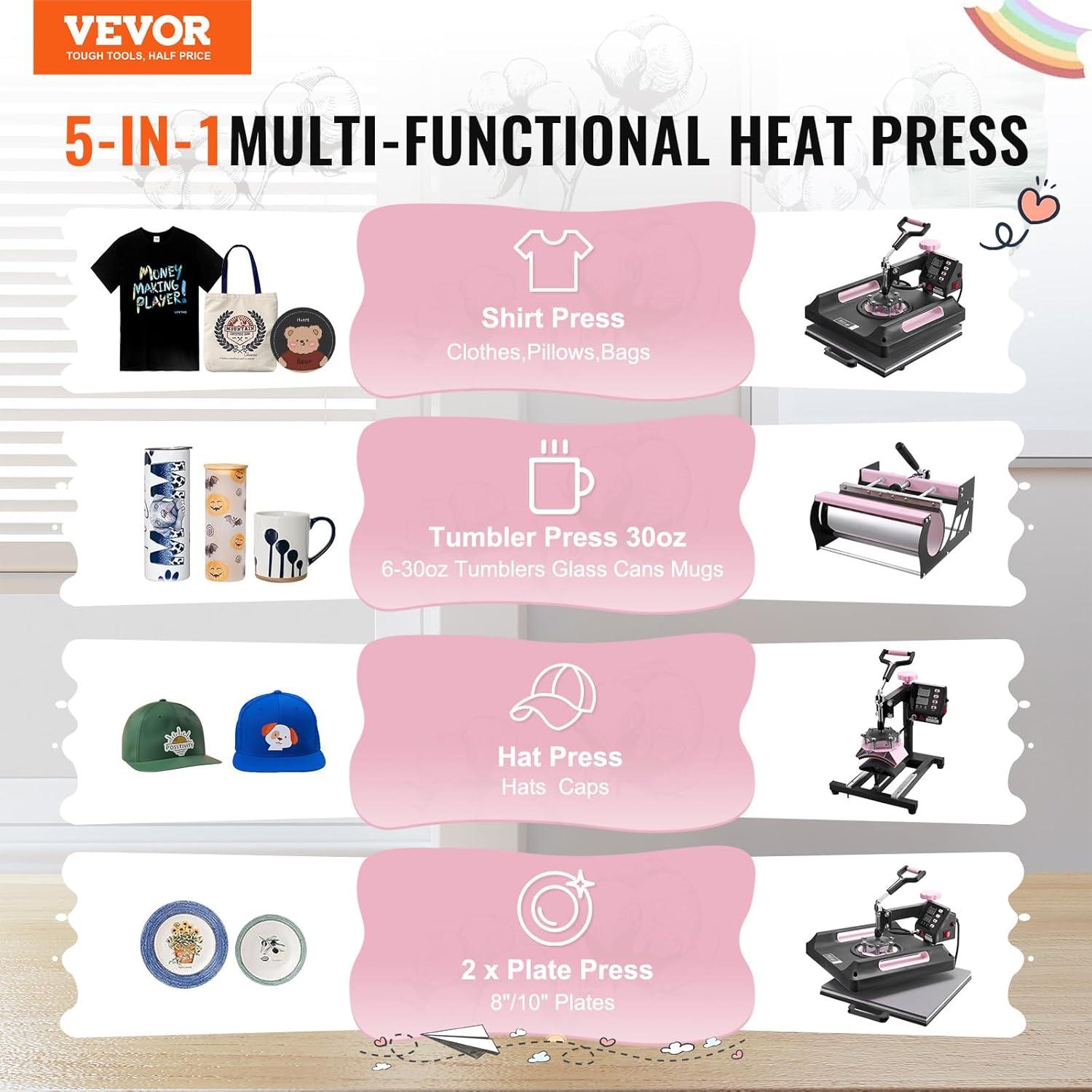 image:imageVEVOR 8 in 1 Heat Press Machine 15x15 Inch 360 Swing Away Tshirt Press Digital Professional Sublimation Heat Transfer for T Shirts Hat Cap Mug PlatePink